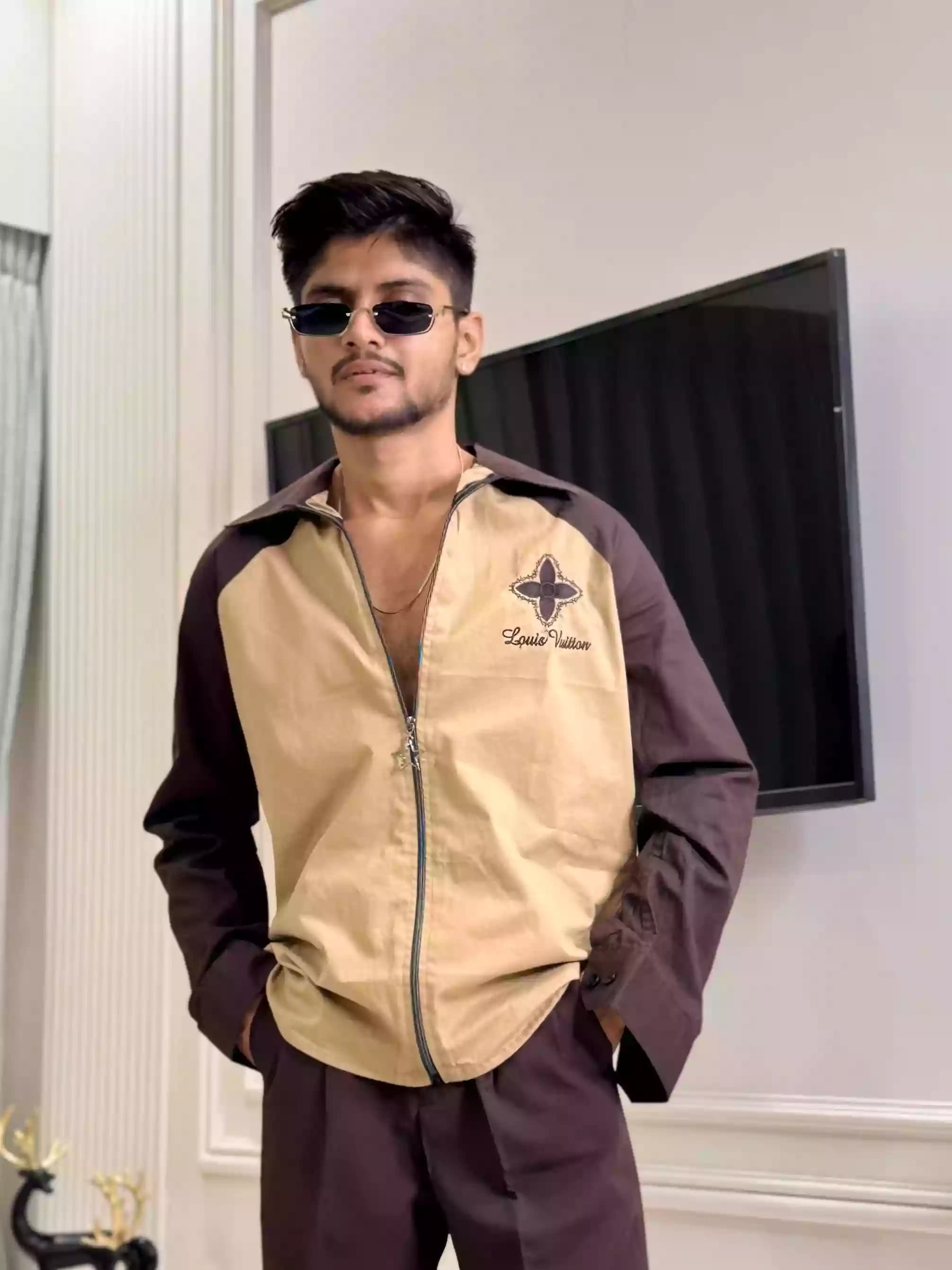 Brown Beige New Age Zip-up Shirt