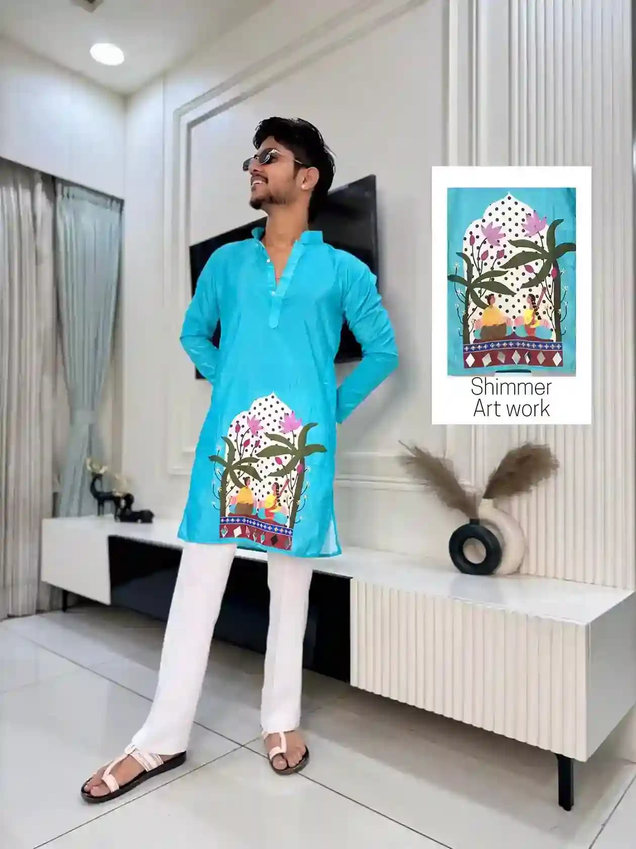 Sky Blue Folk Art Print Kurta