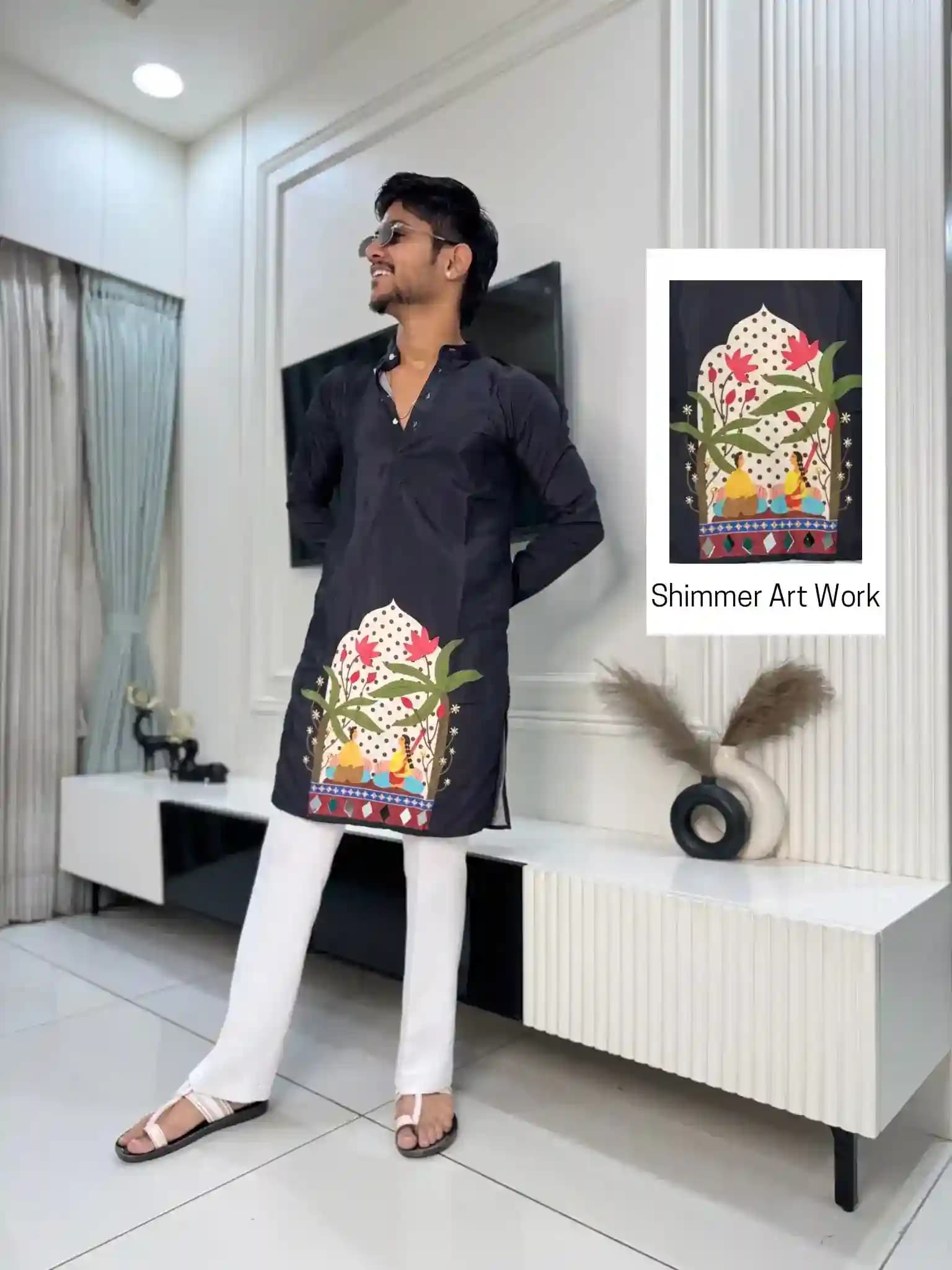 Royal Black Folk Art Print Kurta
