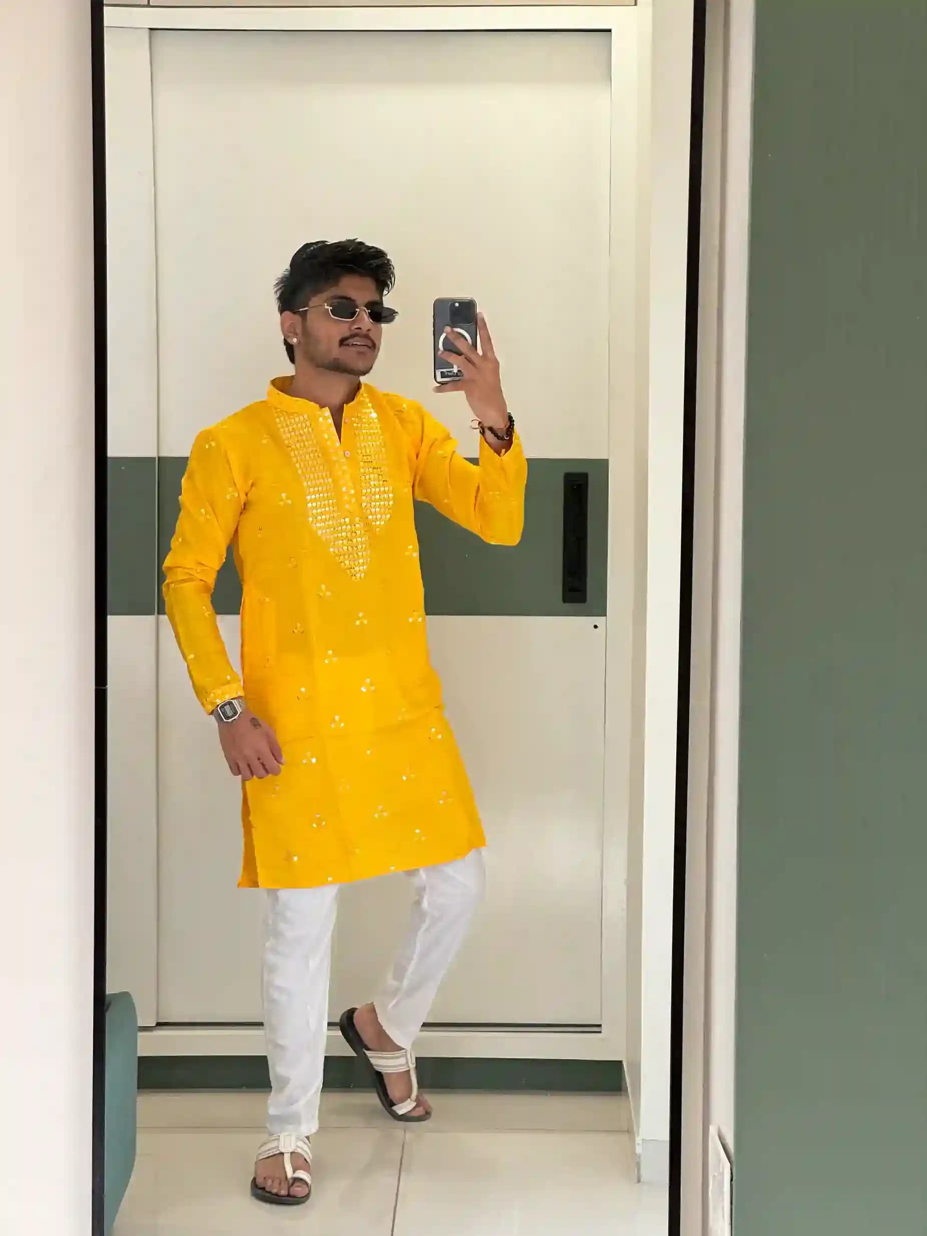 Haldi Yellow Neck Sequin work Kurta