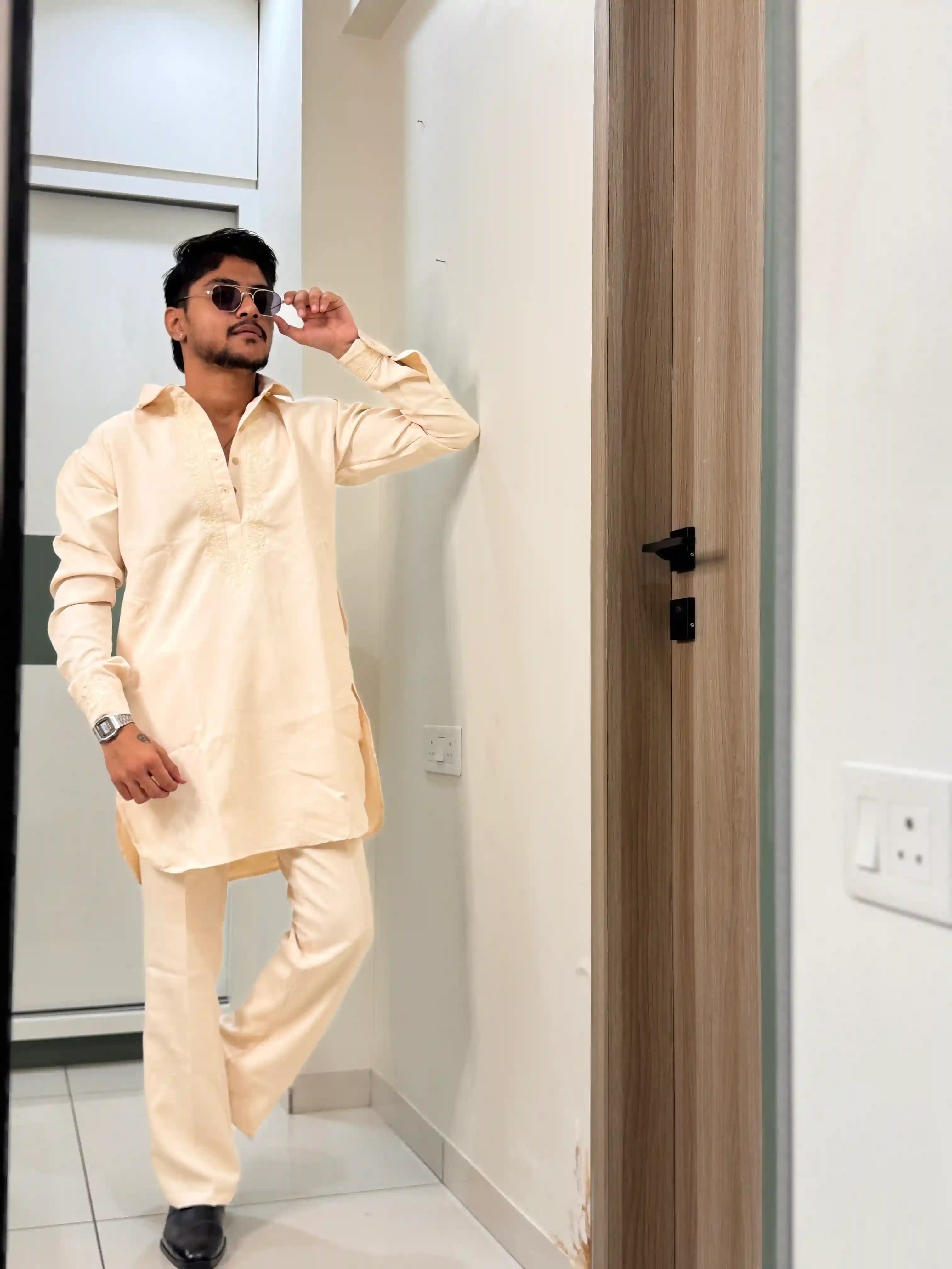 Sufi Cream Zari Embroidered Short Kurta - Bottom set