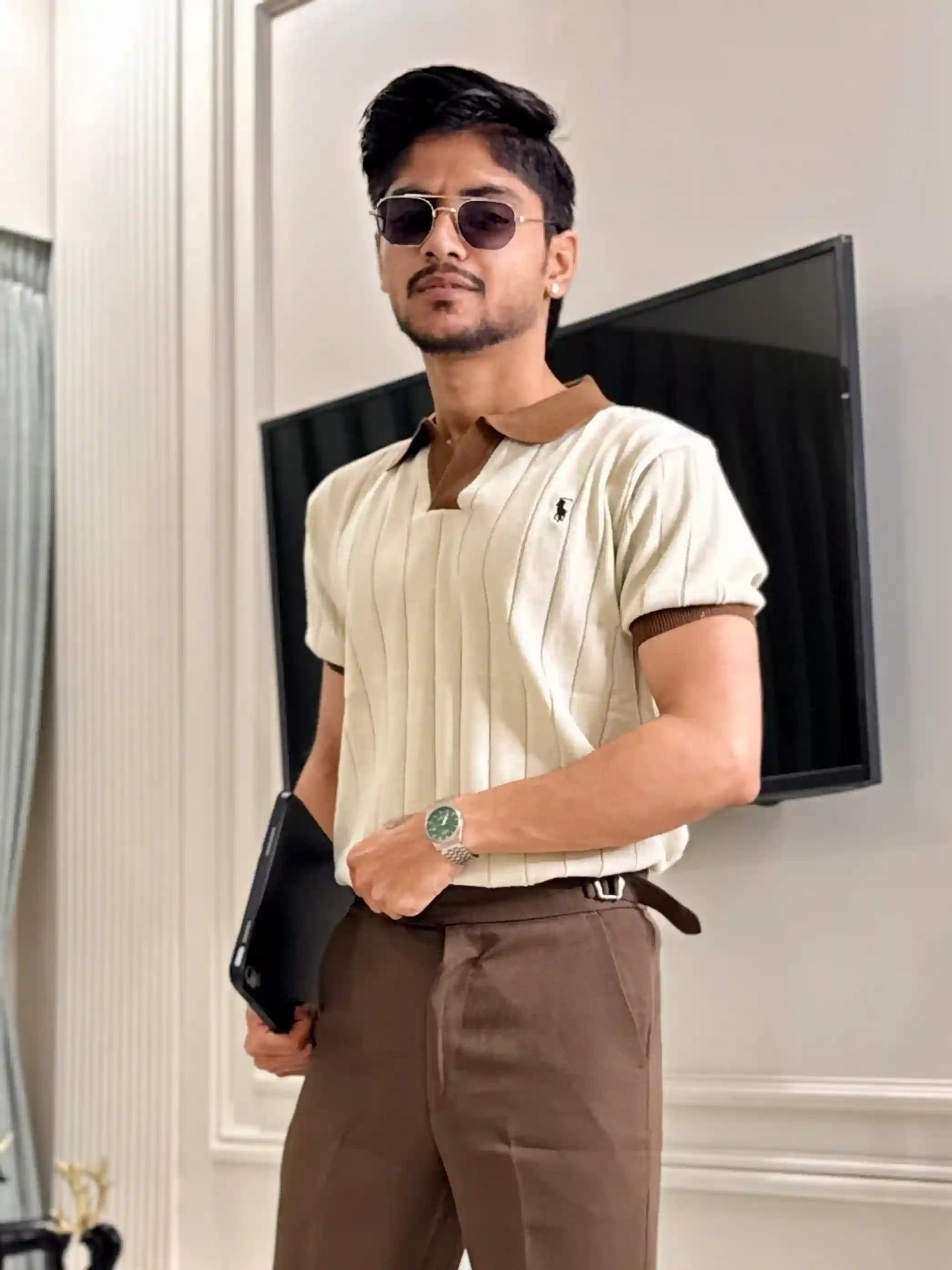 Beige Hue Ribbed Knit Polo T-shirt