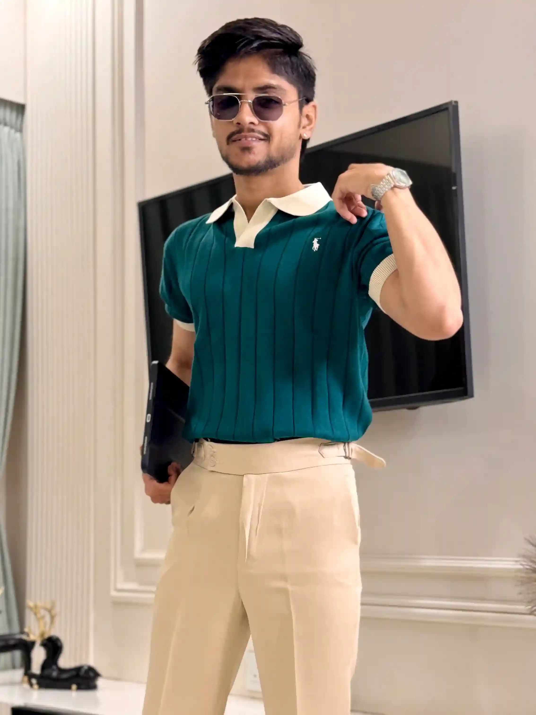 Teal Ribbed Knit Polo T-shirt