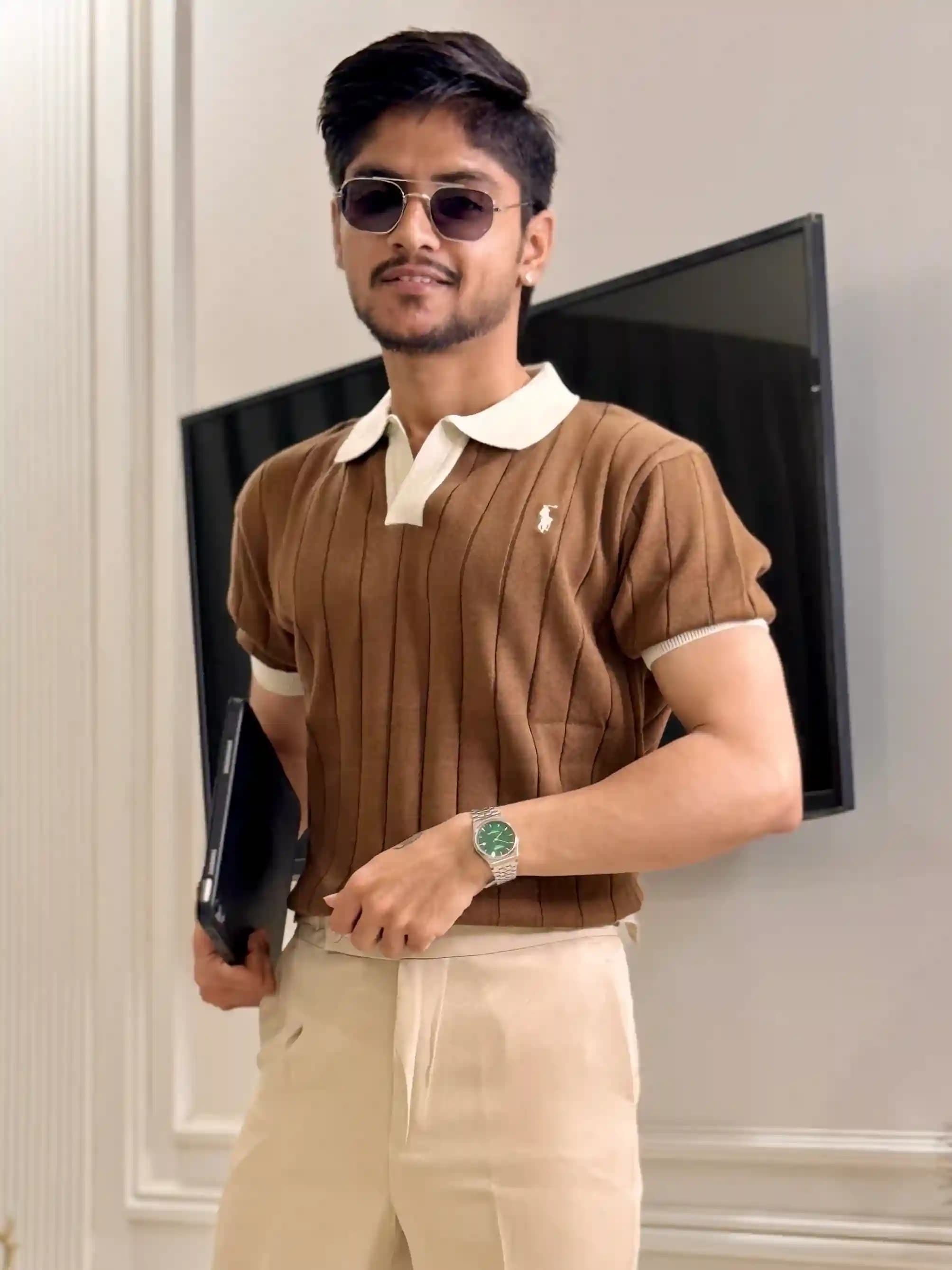 Brown Ribbed Knit Polo T-shirt