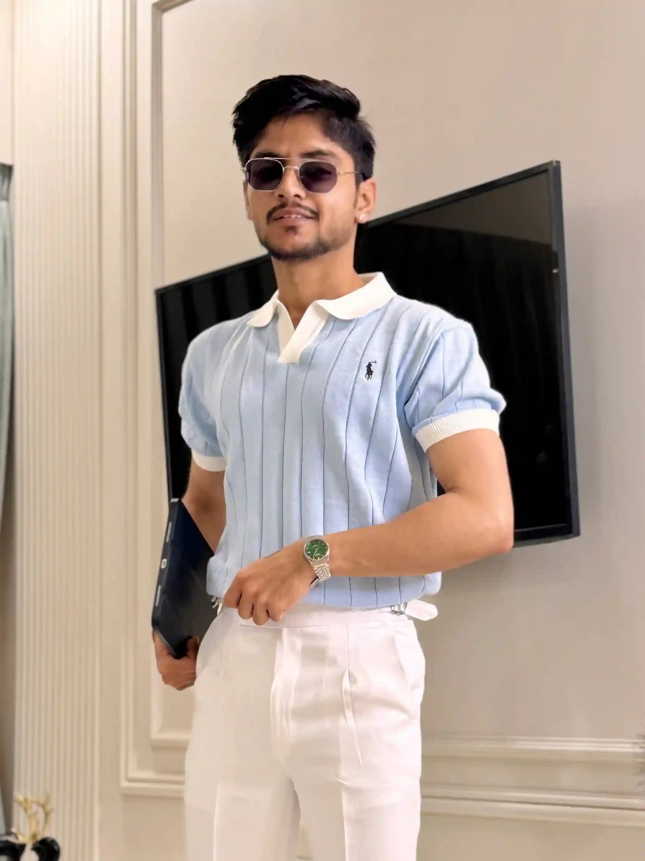 Sky Ribbed Knit Polo T-shirt