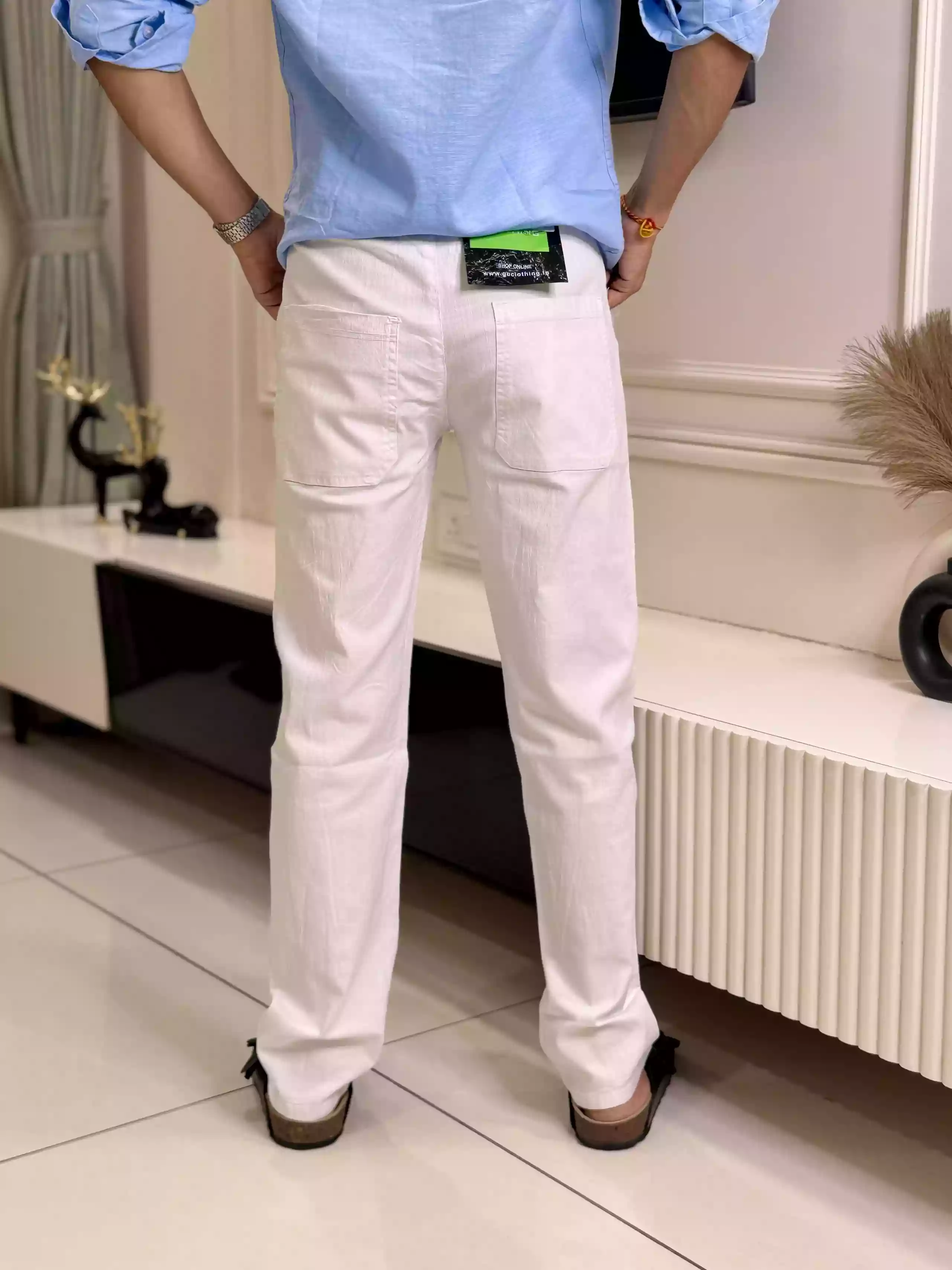 Rich White Cotton-Linen Straight Fit Pant