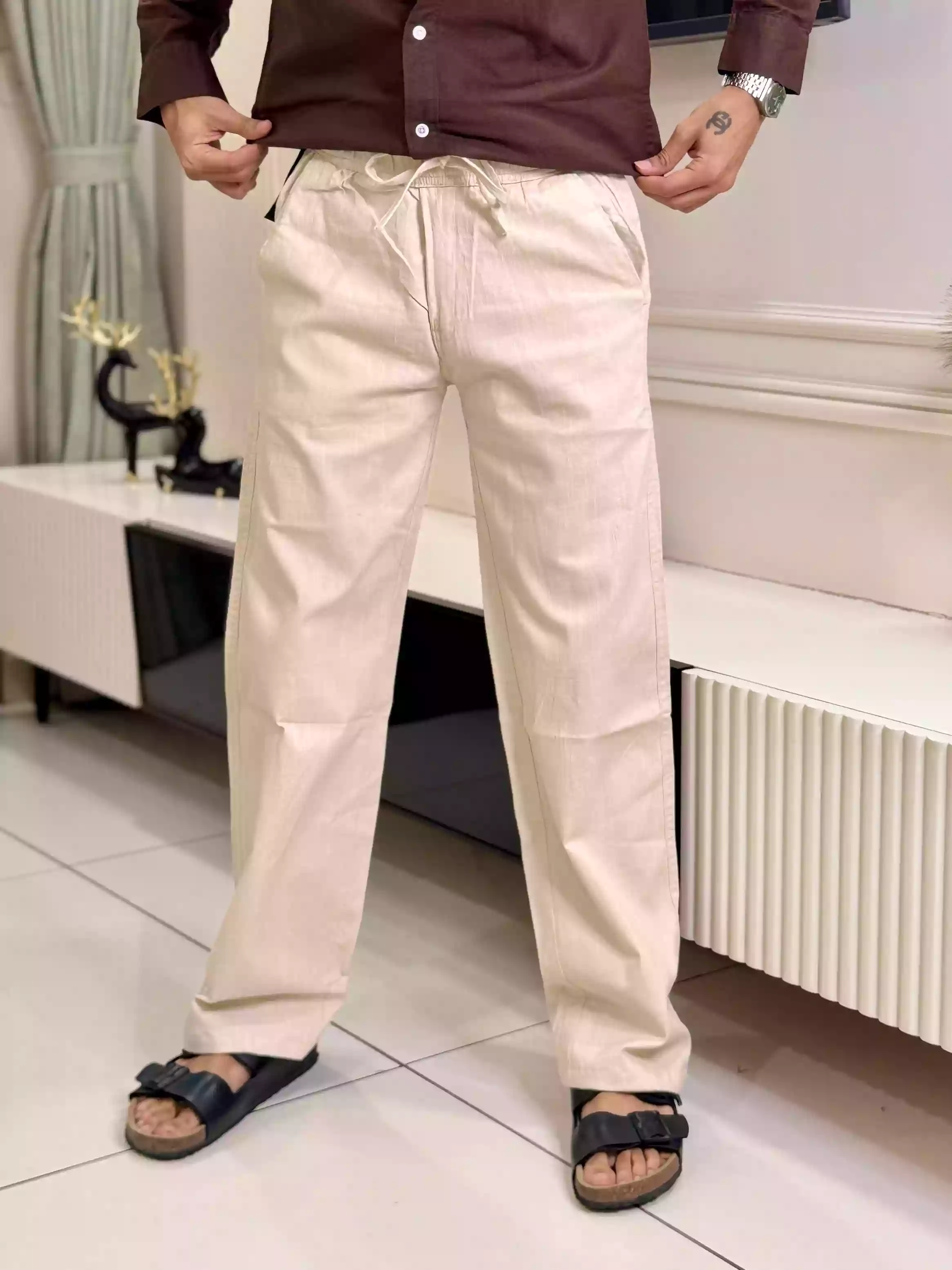 Beige Cotton-Linen Straight Fit Pant