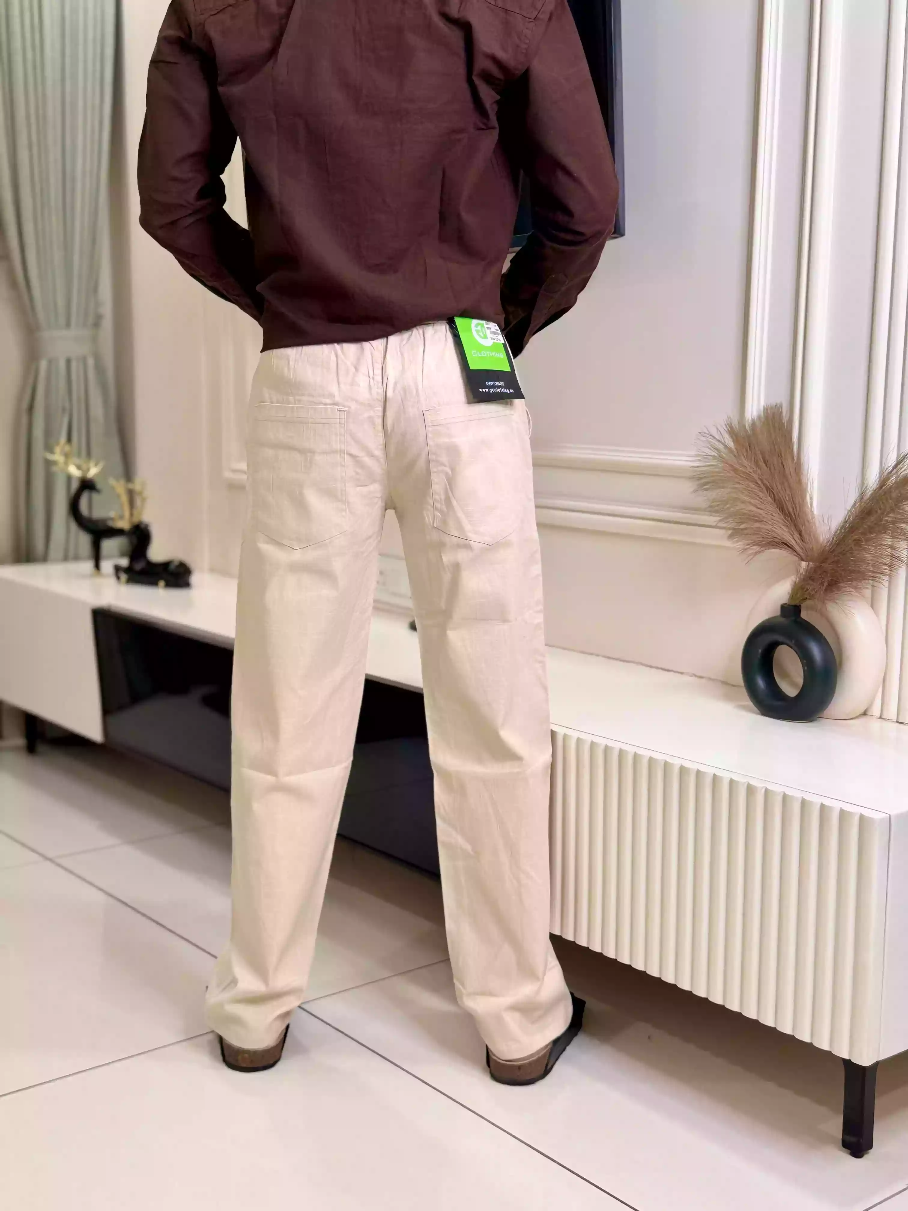 Beige Cotton-Linen Straight Fit Pant