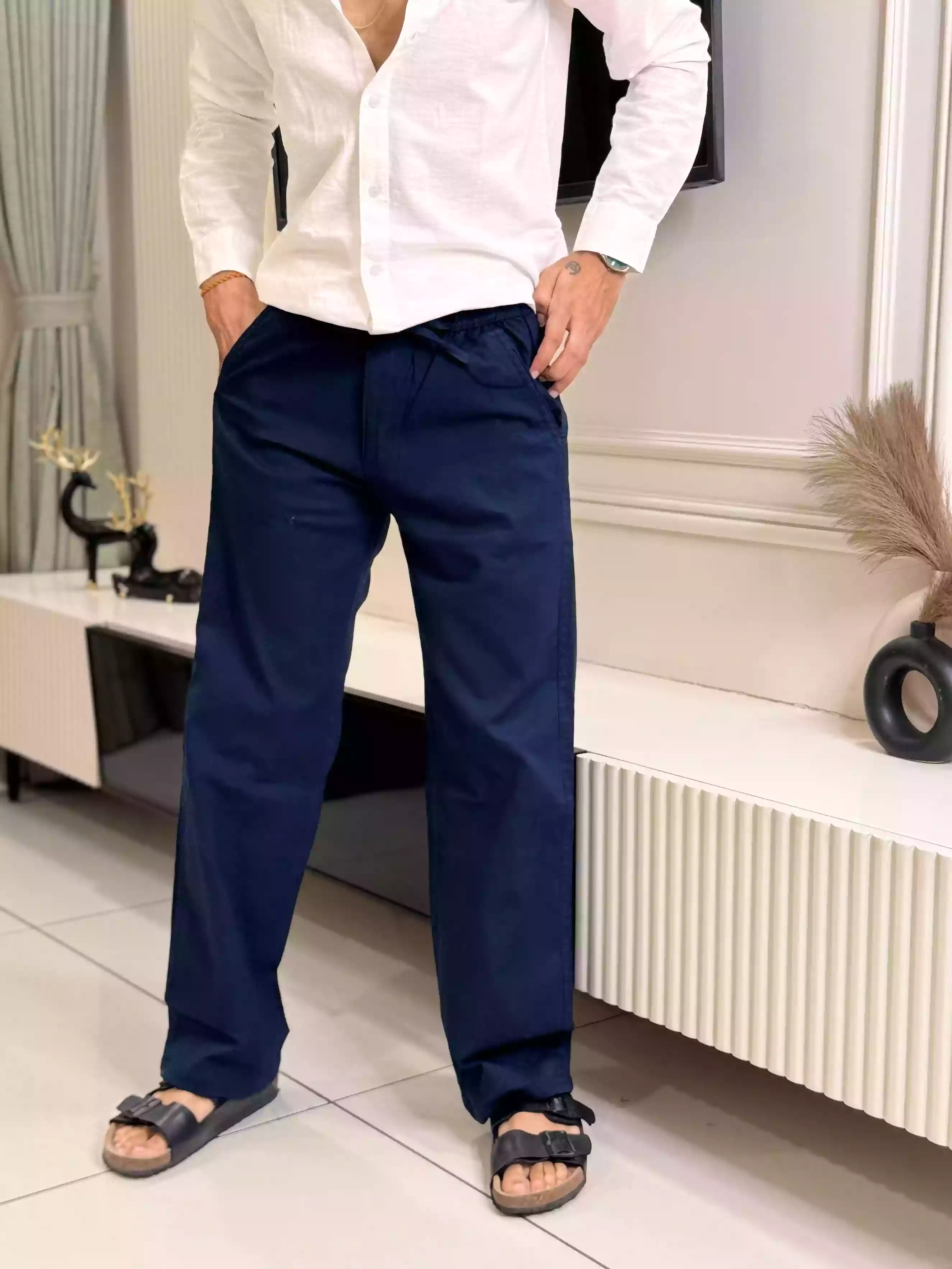 Navy Blue Cotton-Linen Straight Fit Pant
