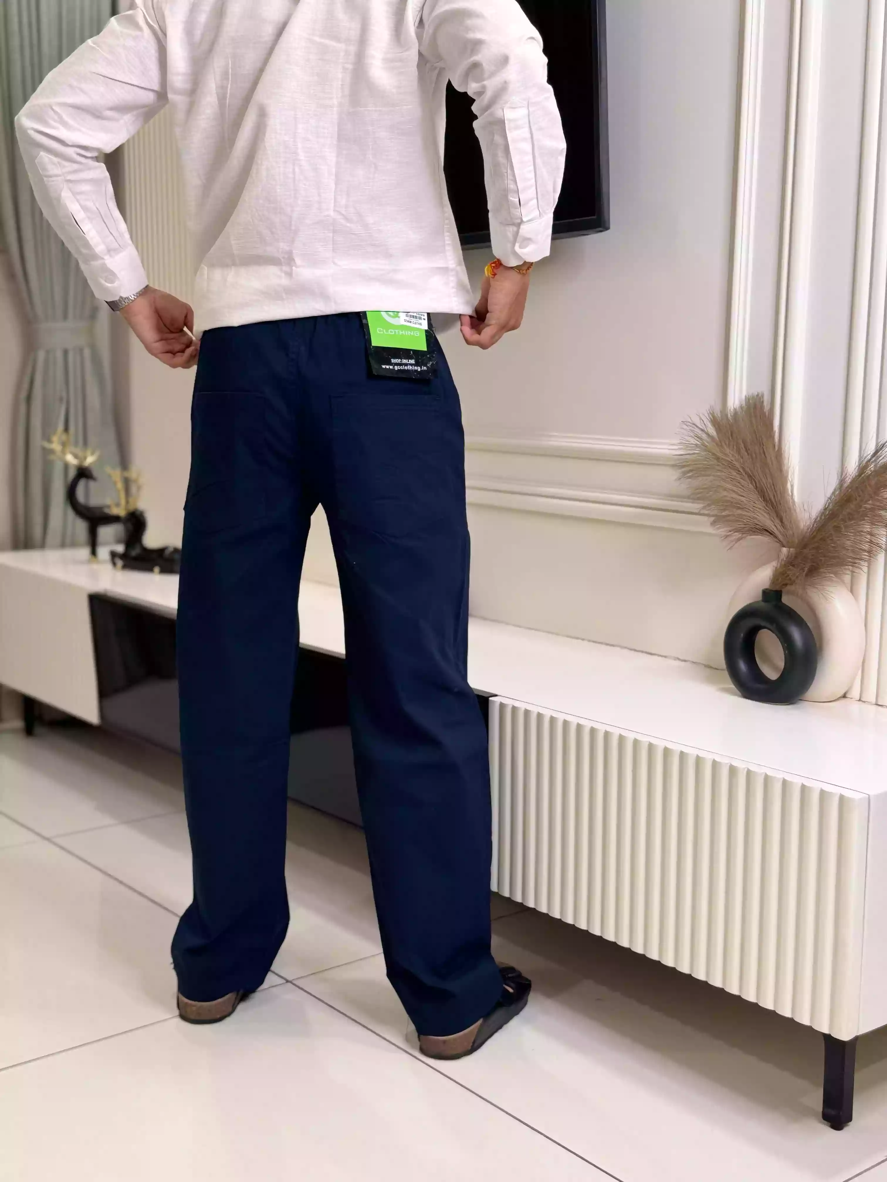 Navy Blue Cotton-Linen Straight Fit Pant
