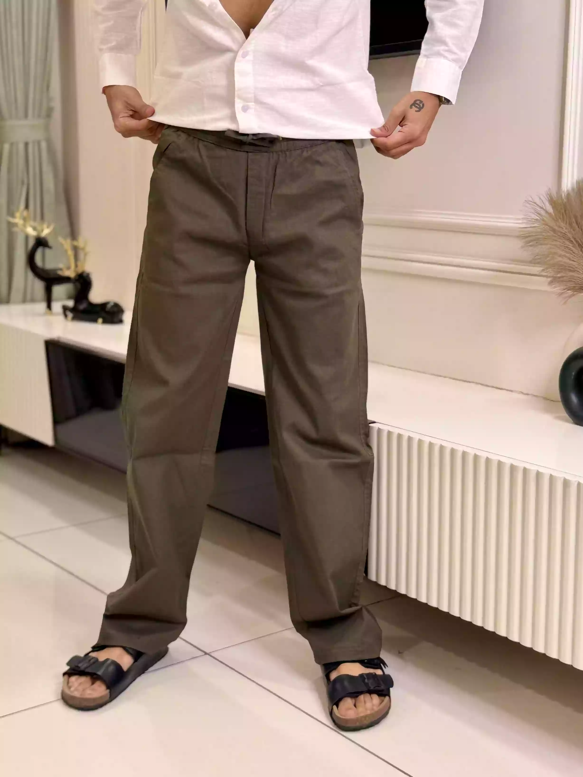 Olive Cotton-Linen Straight Fit Pant