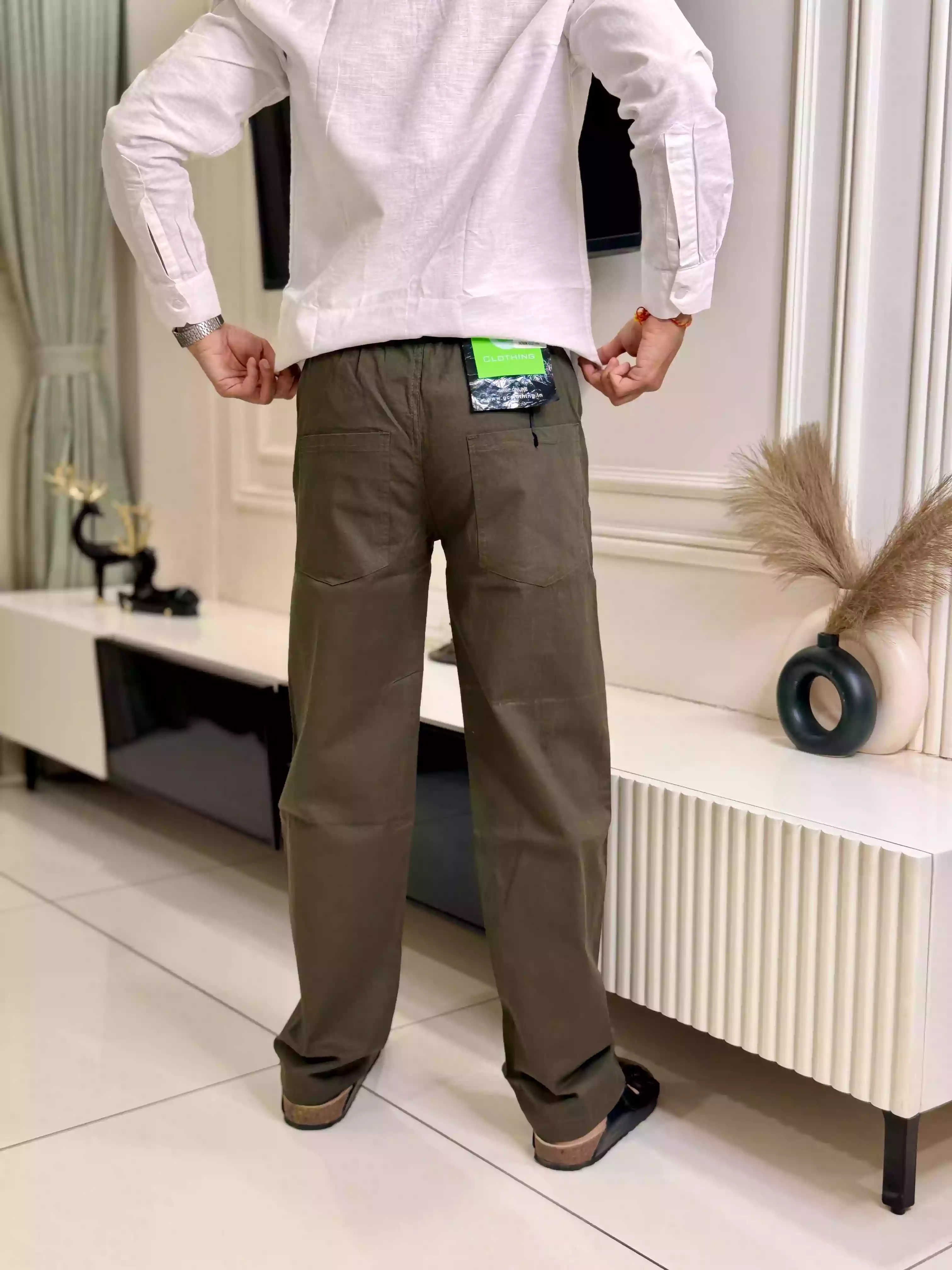 Olive Cotton-Linen Straight Fit Pant