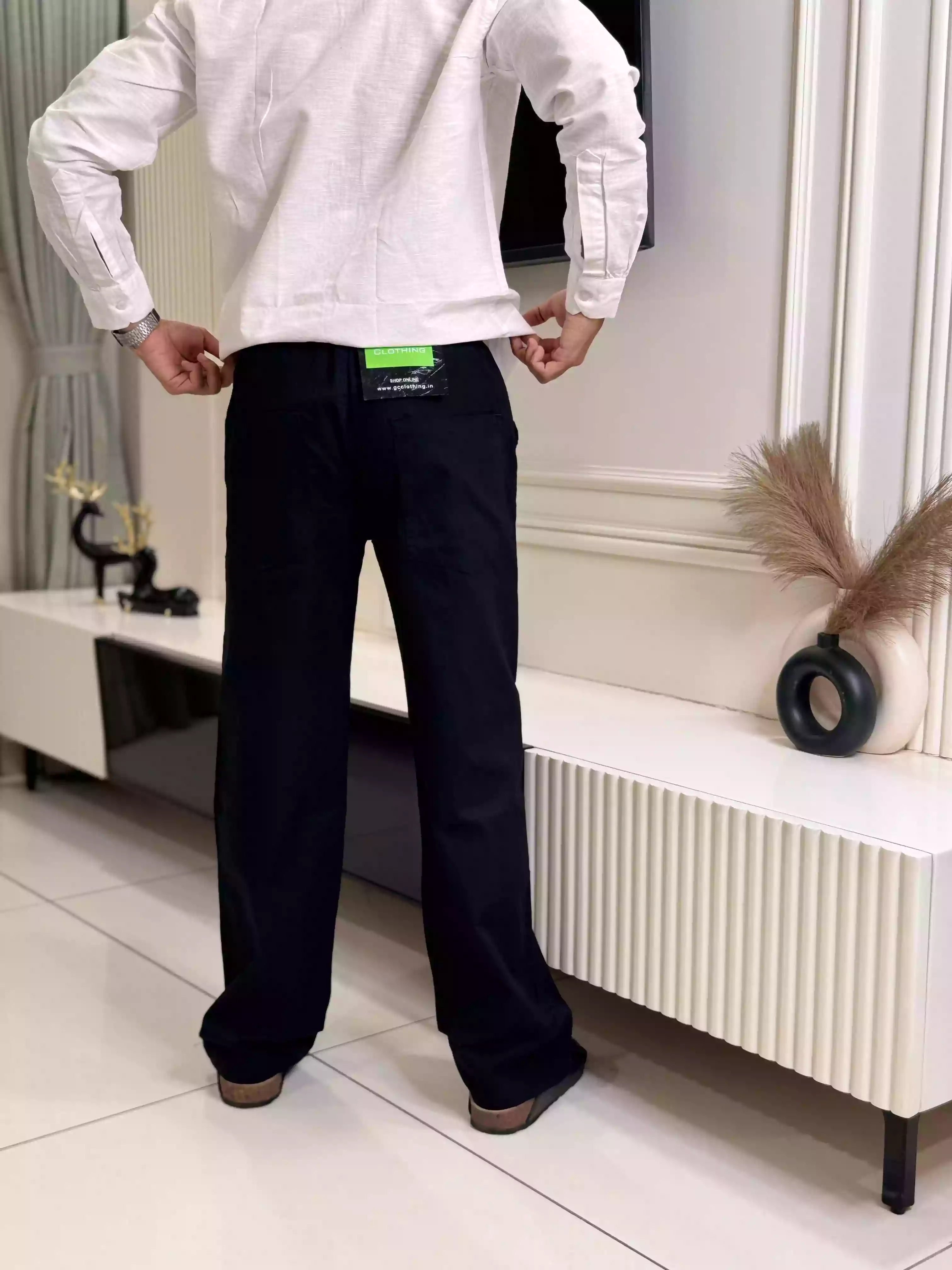 Black Cotton-Linen Straight Fit Pant