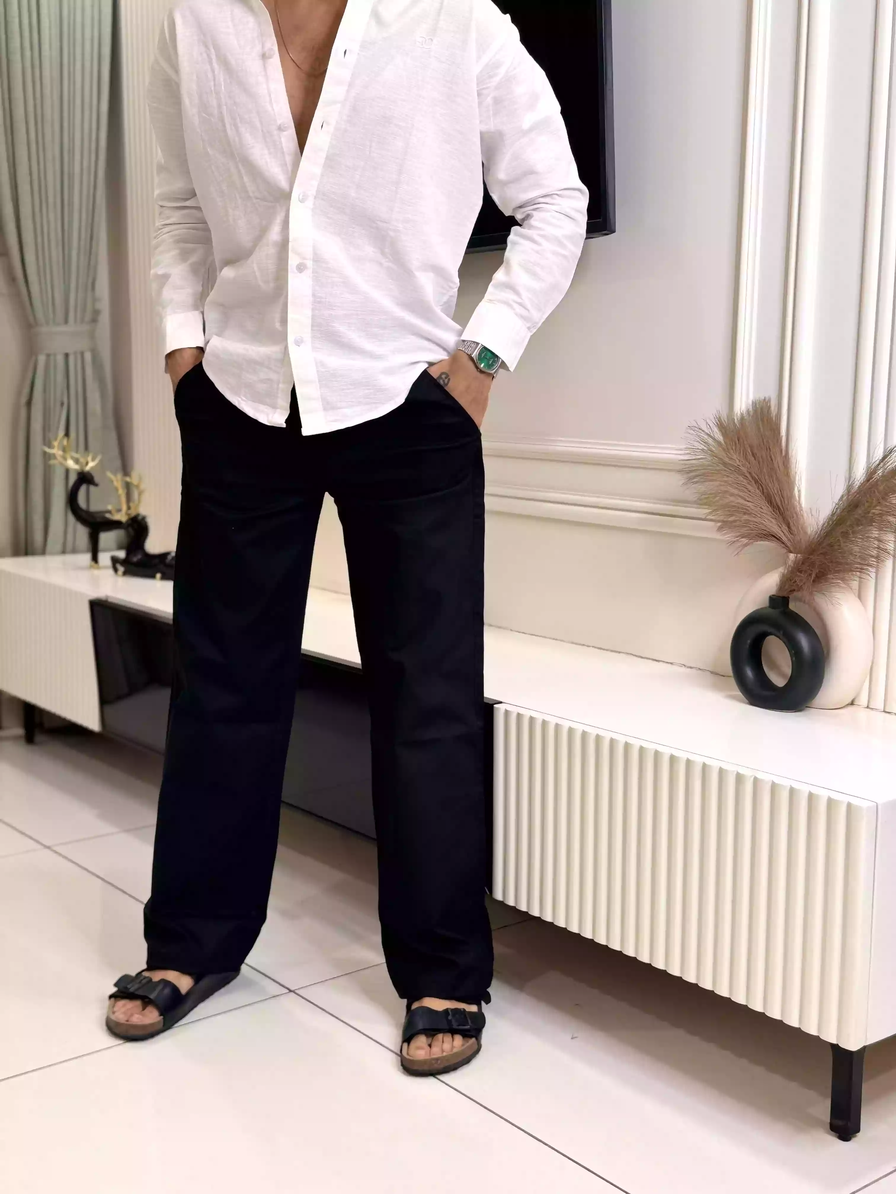 Black Cotton-Linen Straight Fit Pant