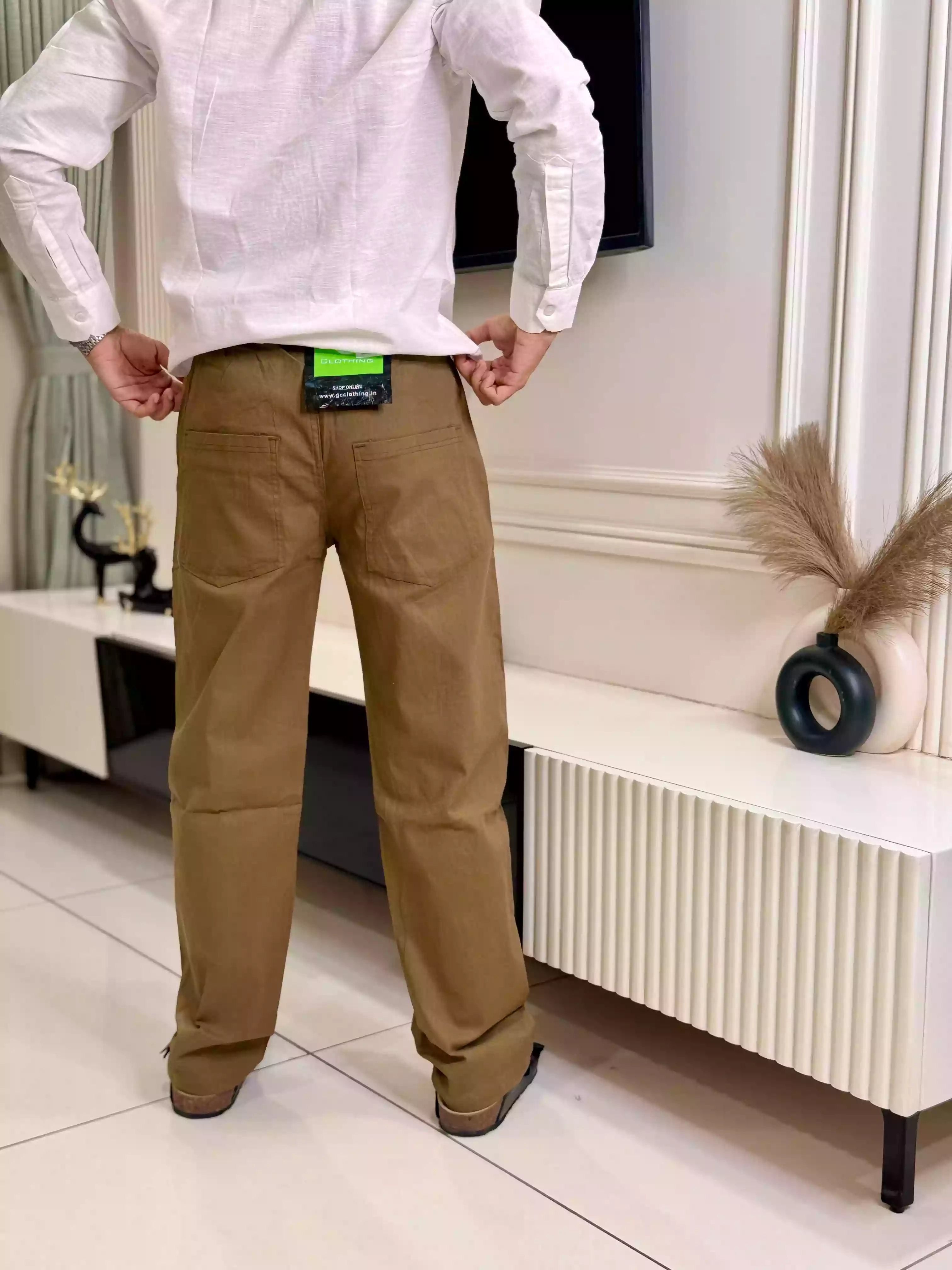 Brown Cotton-Linen Straight Fit Pant