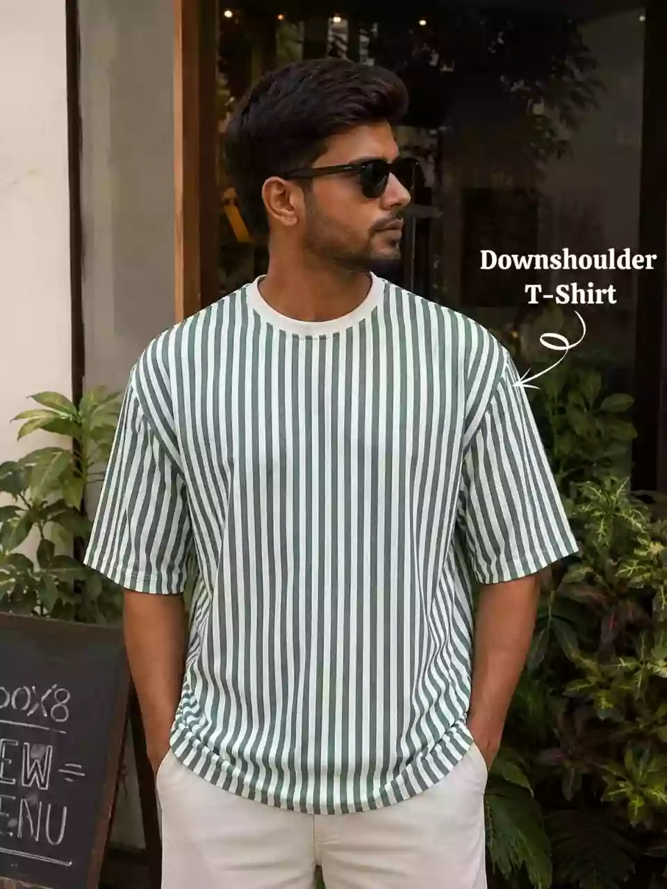 Green Stripe New Age Down-shoulder Tees