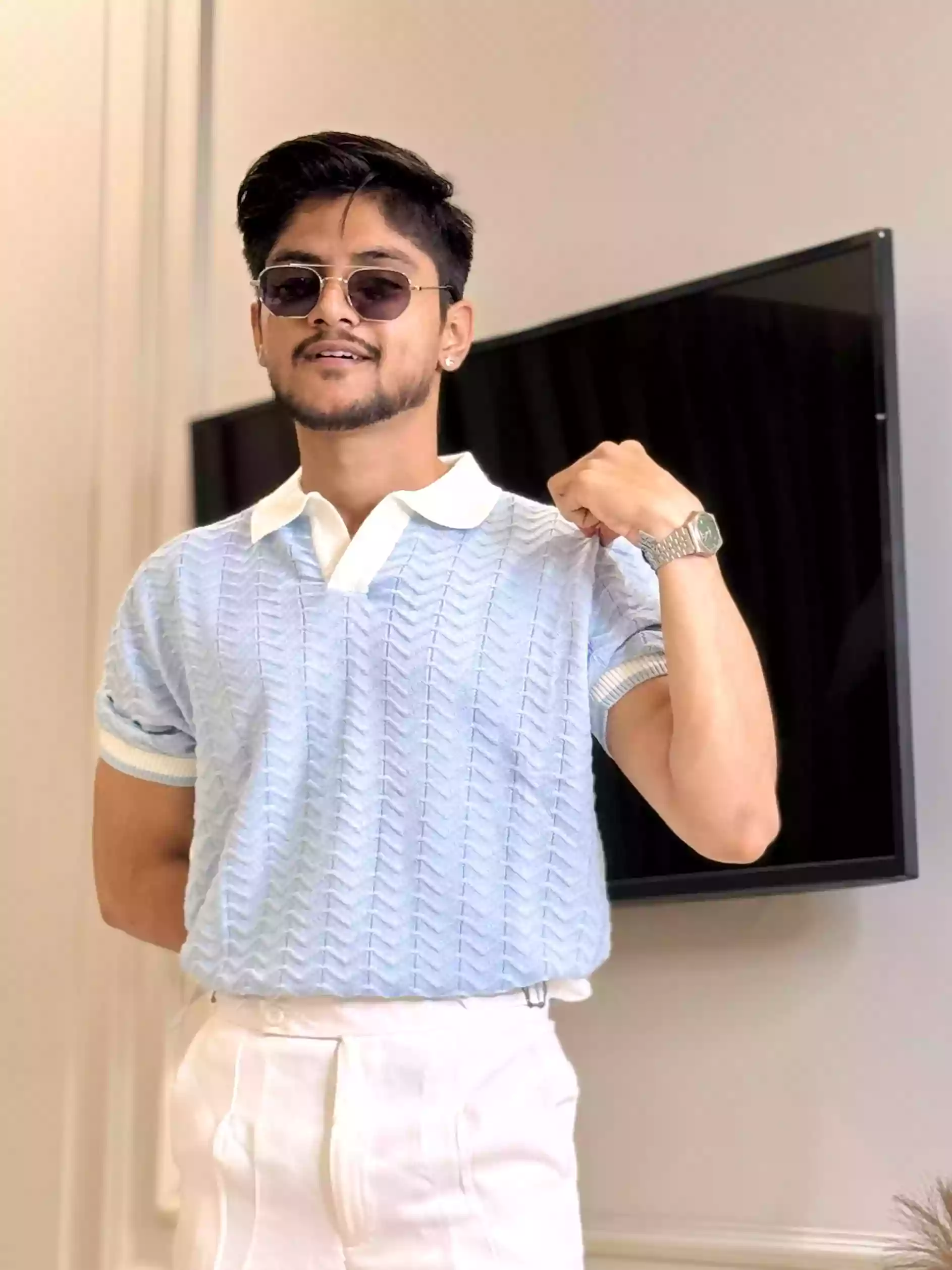 Ice Blue Wave Textured Polo