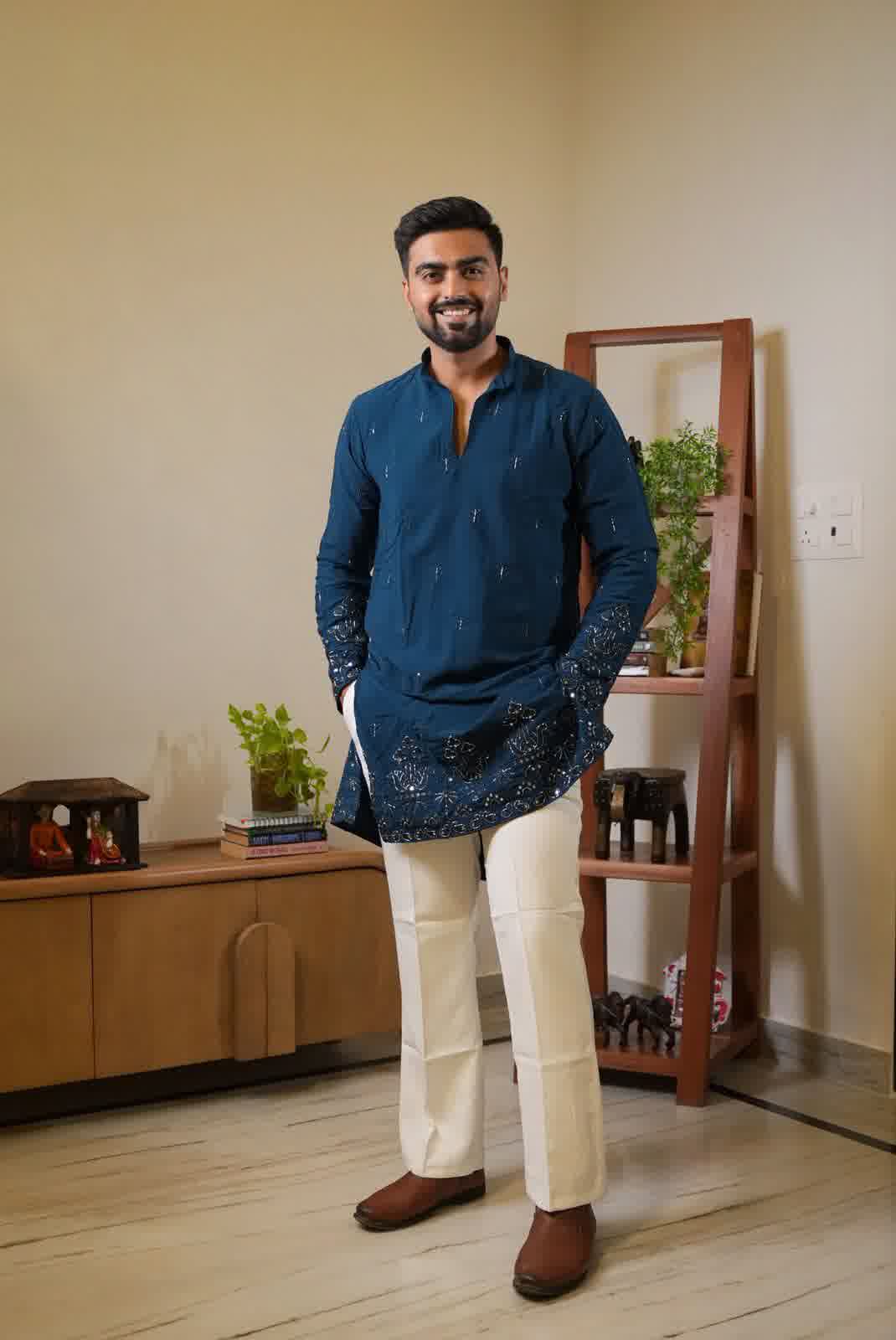 Peacock Teal Daman Beats Work Short Kurta