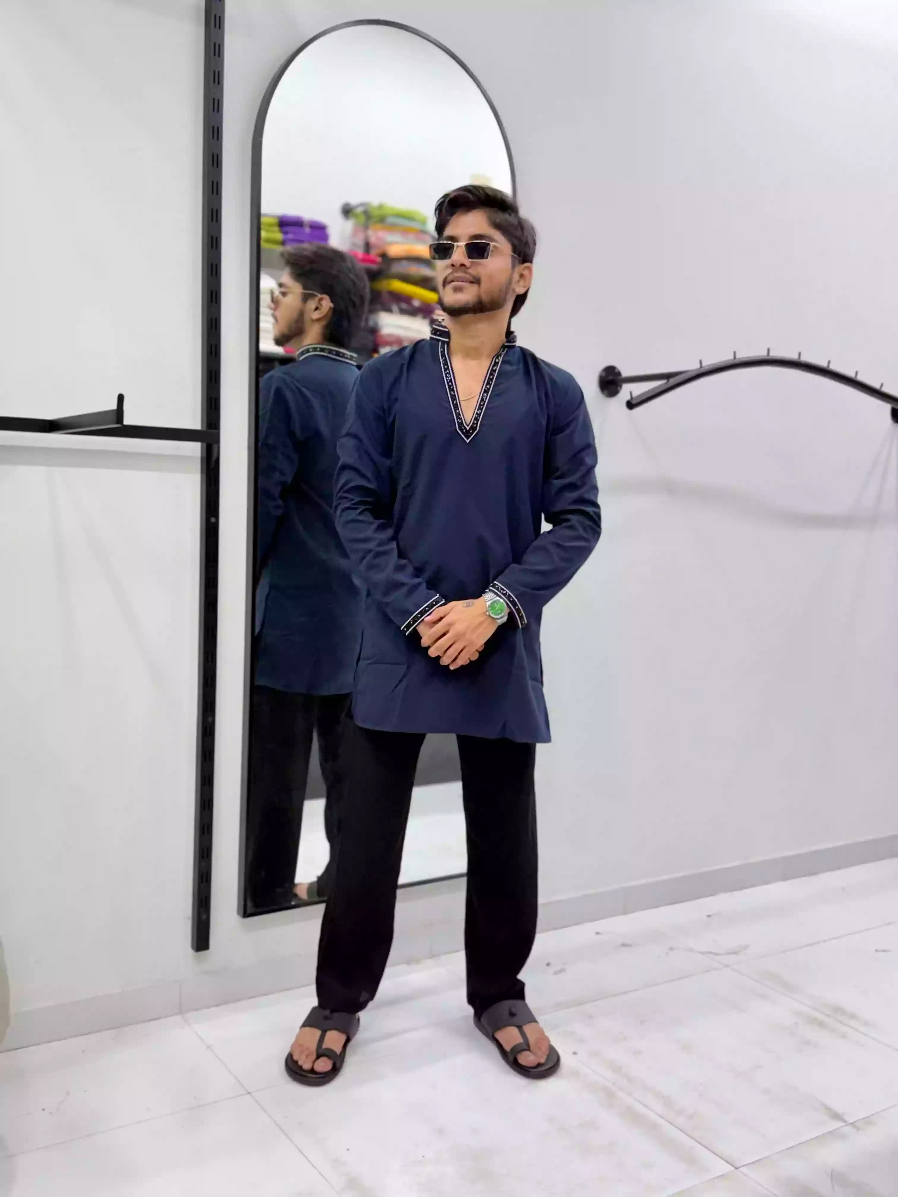 Navy Blue Designer V neck short Kurta Coord set