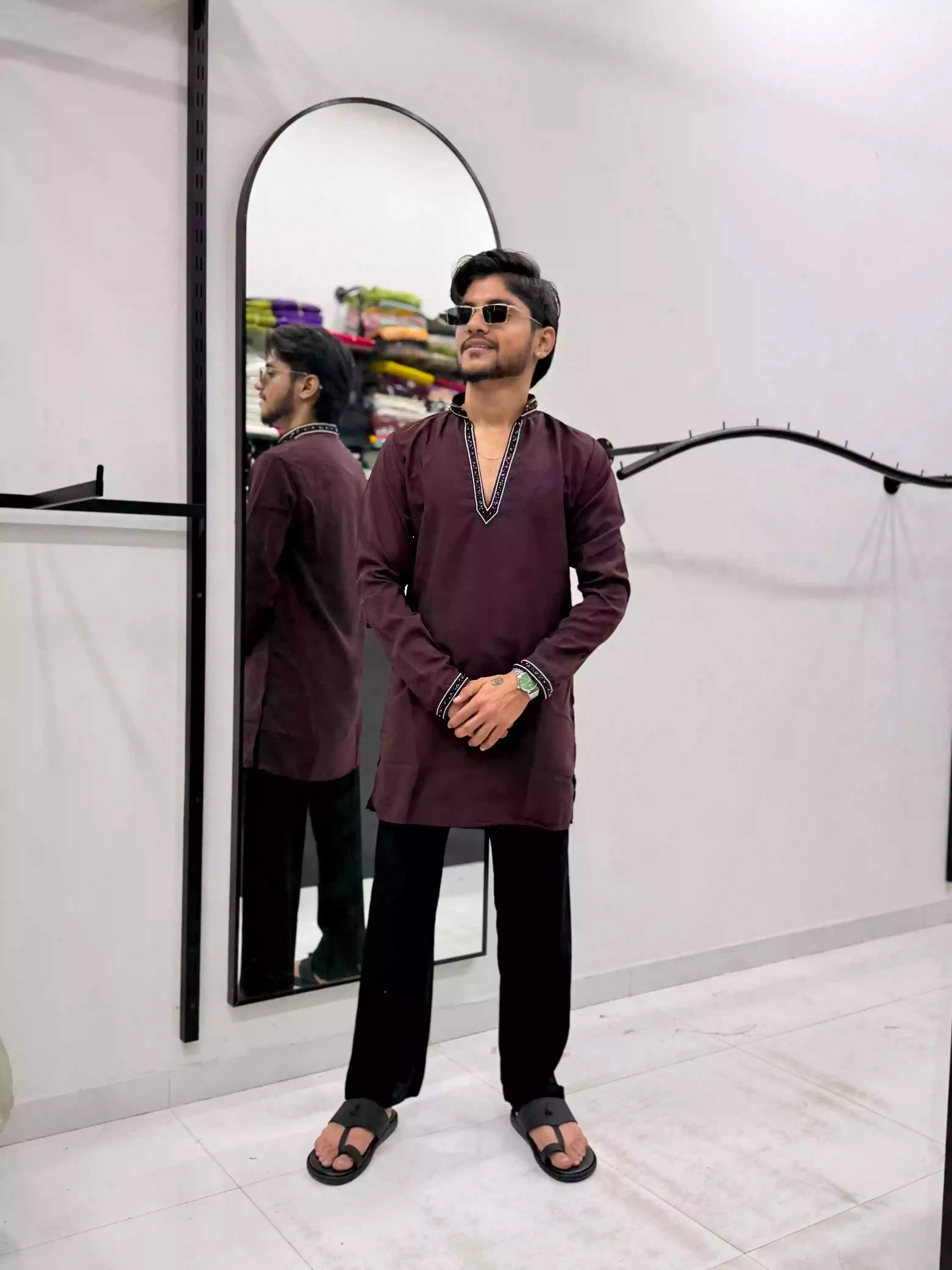 Wine Designer V neck short Kurta Coord set