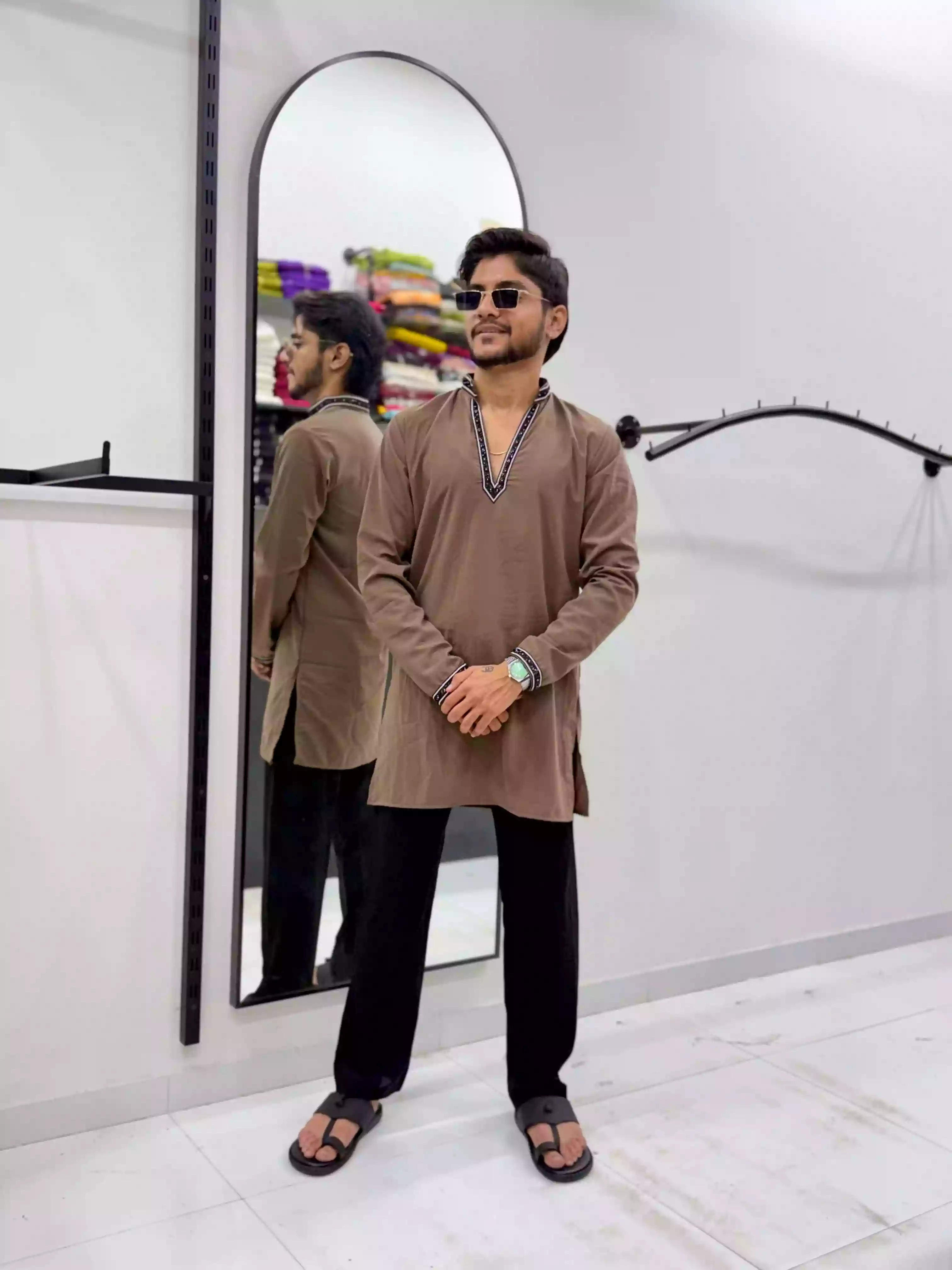 Brown Designer V neck short Kurta Coord set