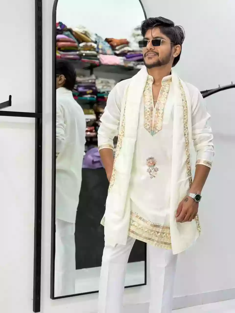 Pearl Floral Embroidered Kurta with Matching Dupatta & Pant 