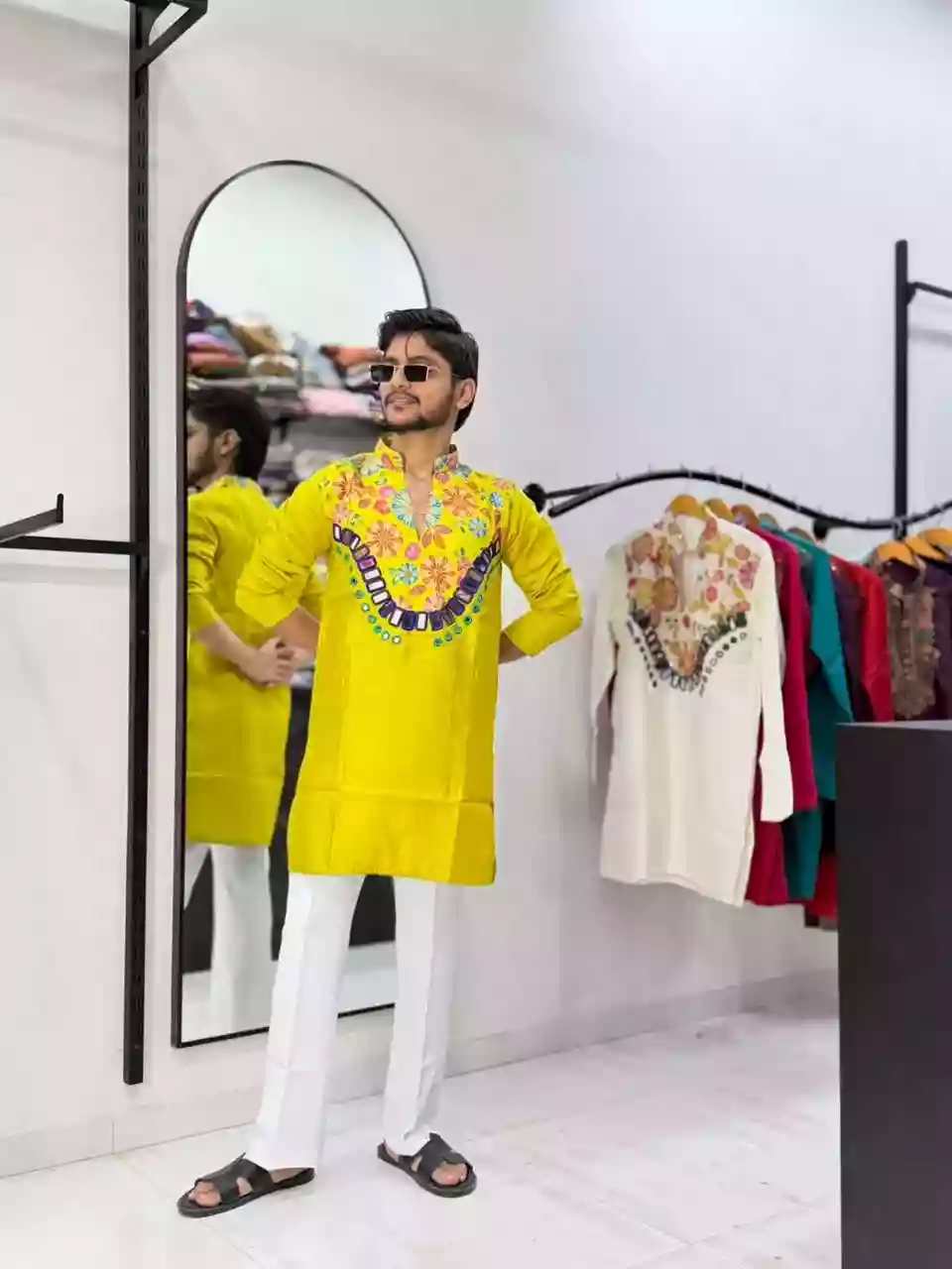 Vibrant Yellow Floral Embroidered Short Kurta
