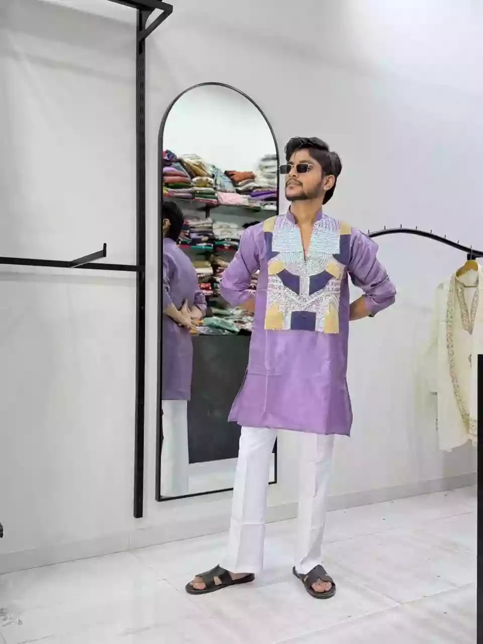 Lavender Love Sequined Geometric Yoke Short Kurta