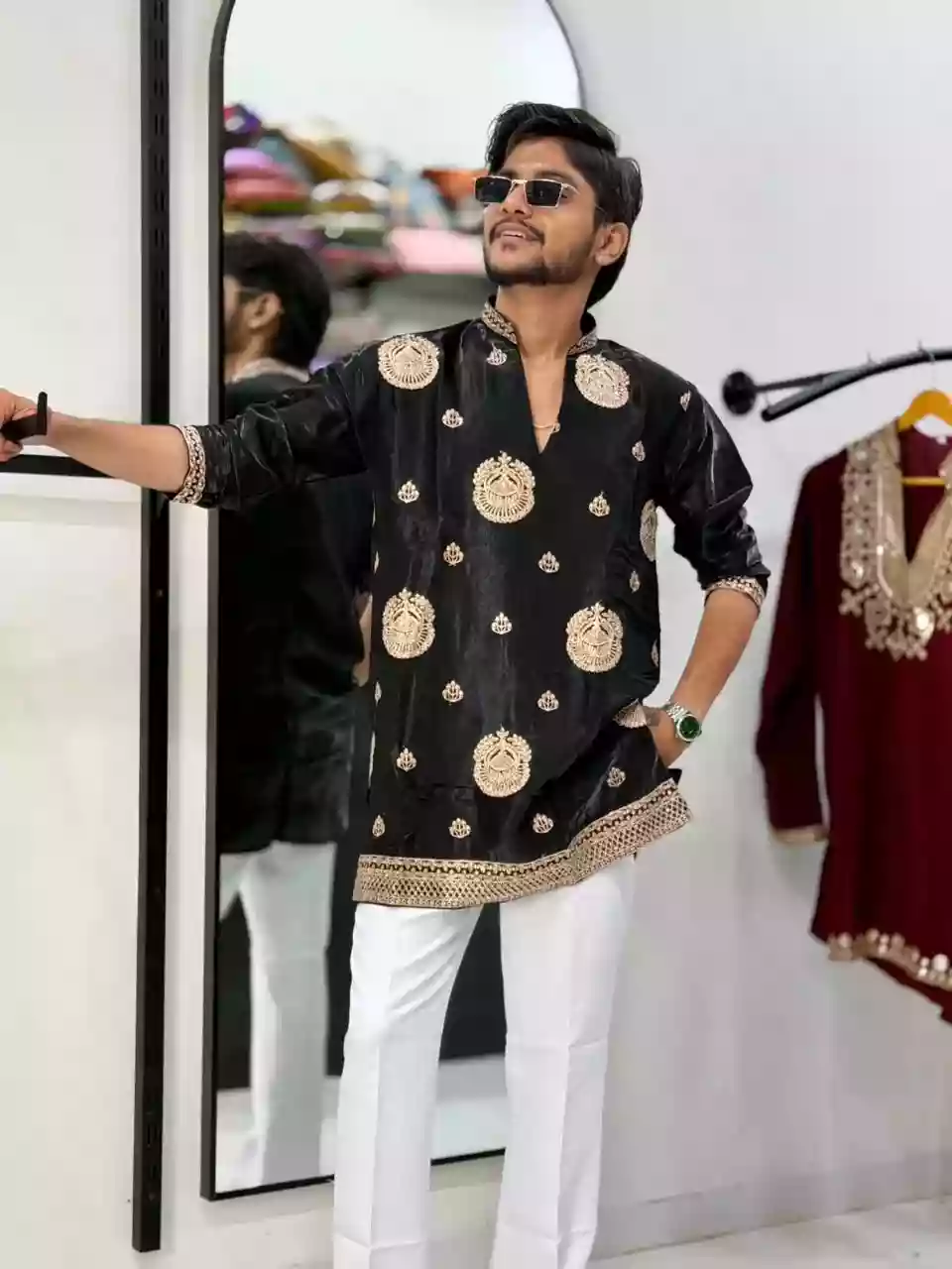 Jet Black Gold Zari Embroidered Short Kurta