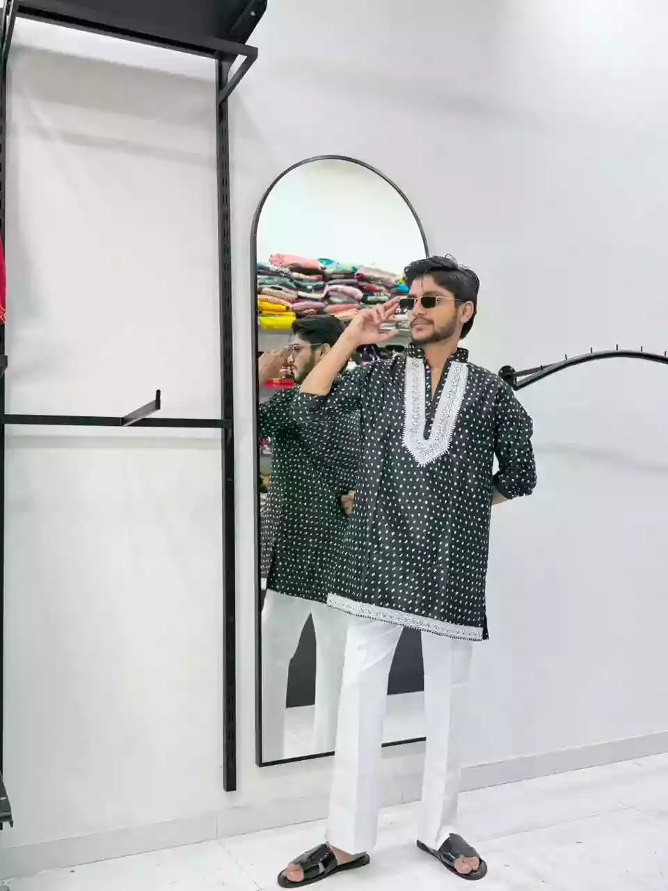 Black Bandhani Print Neck Embroidered Short Kurta