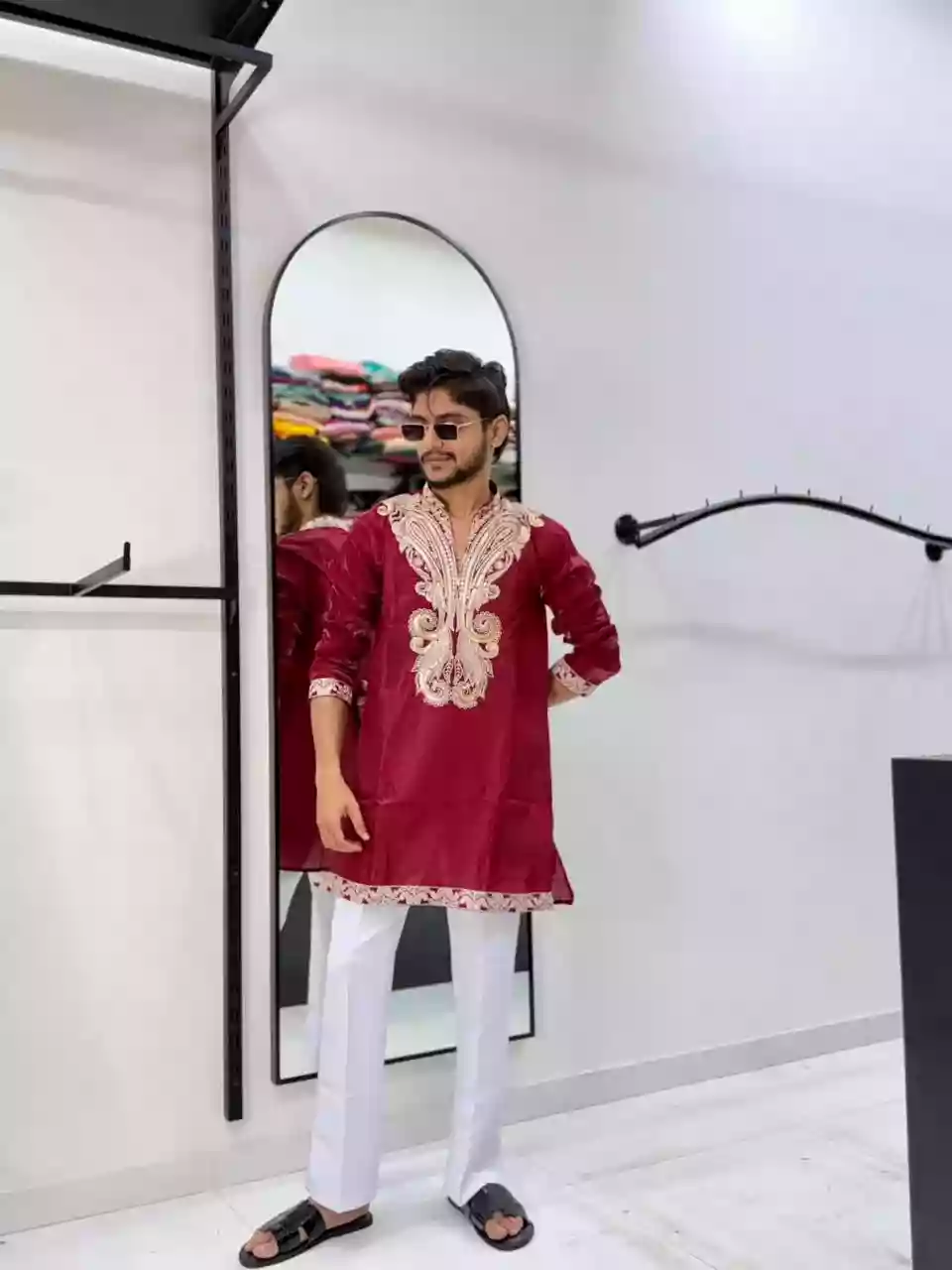 Wine Red Heavy Zari Embroidered Short Kurta