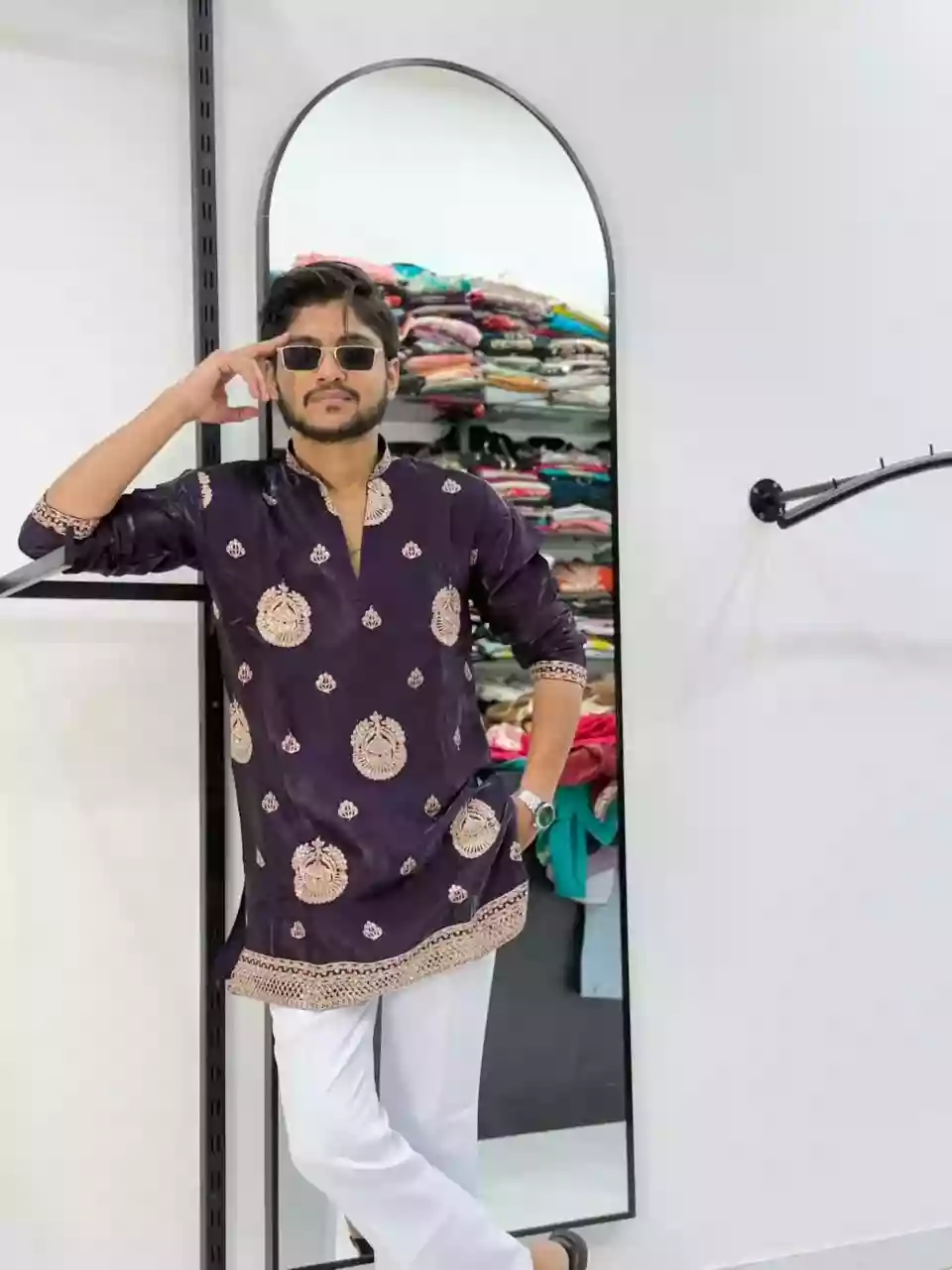Dark Purple Gold Zari Embroidered Short Kurta