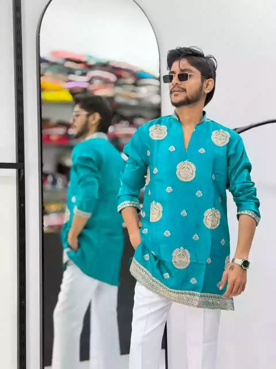 Aqua Blue Gold Zari Embroidered Short Kurta