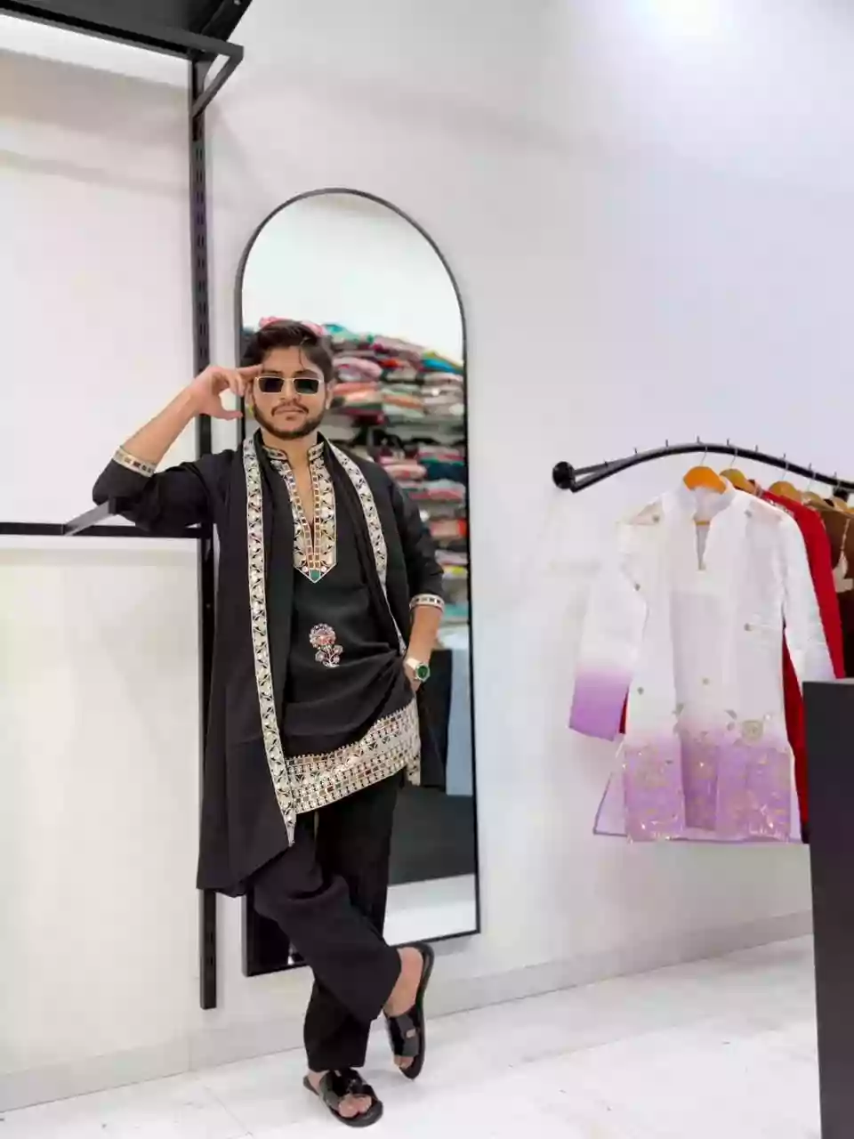King Black Floral Embroidered Kurta with Matching Dupatta & Pant 