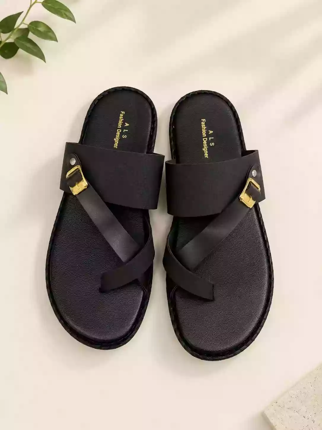 Matte Black Cross-Strap Gold Buckle GC Premium Slides