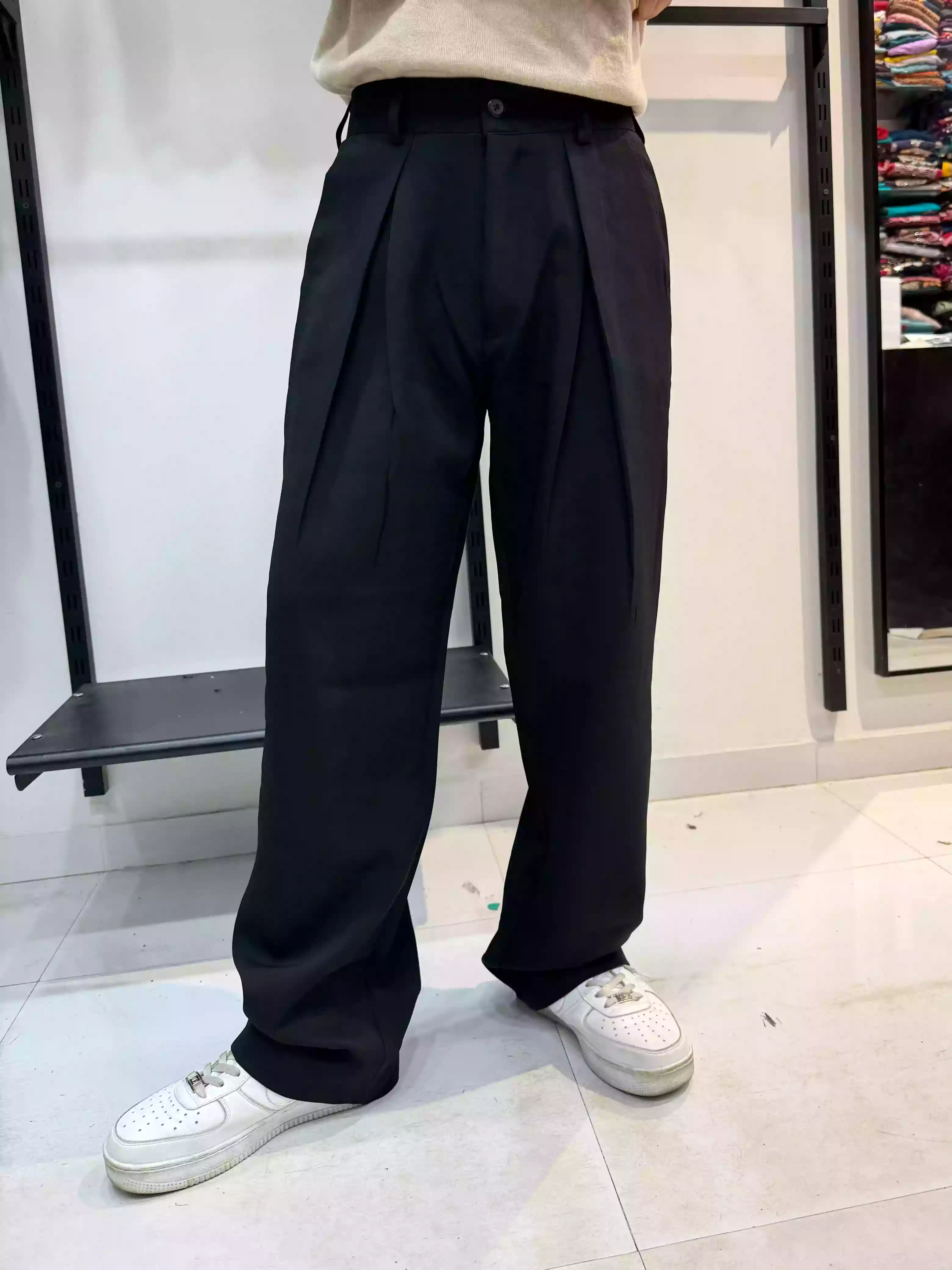 Jet Black Double-Pleated Wide-Leg Korean Pant