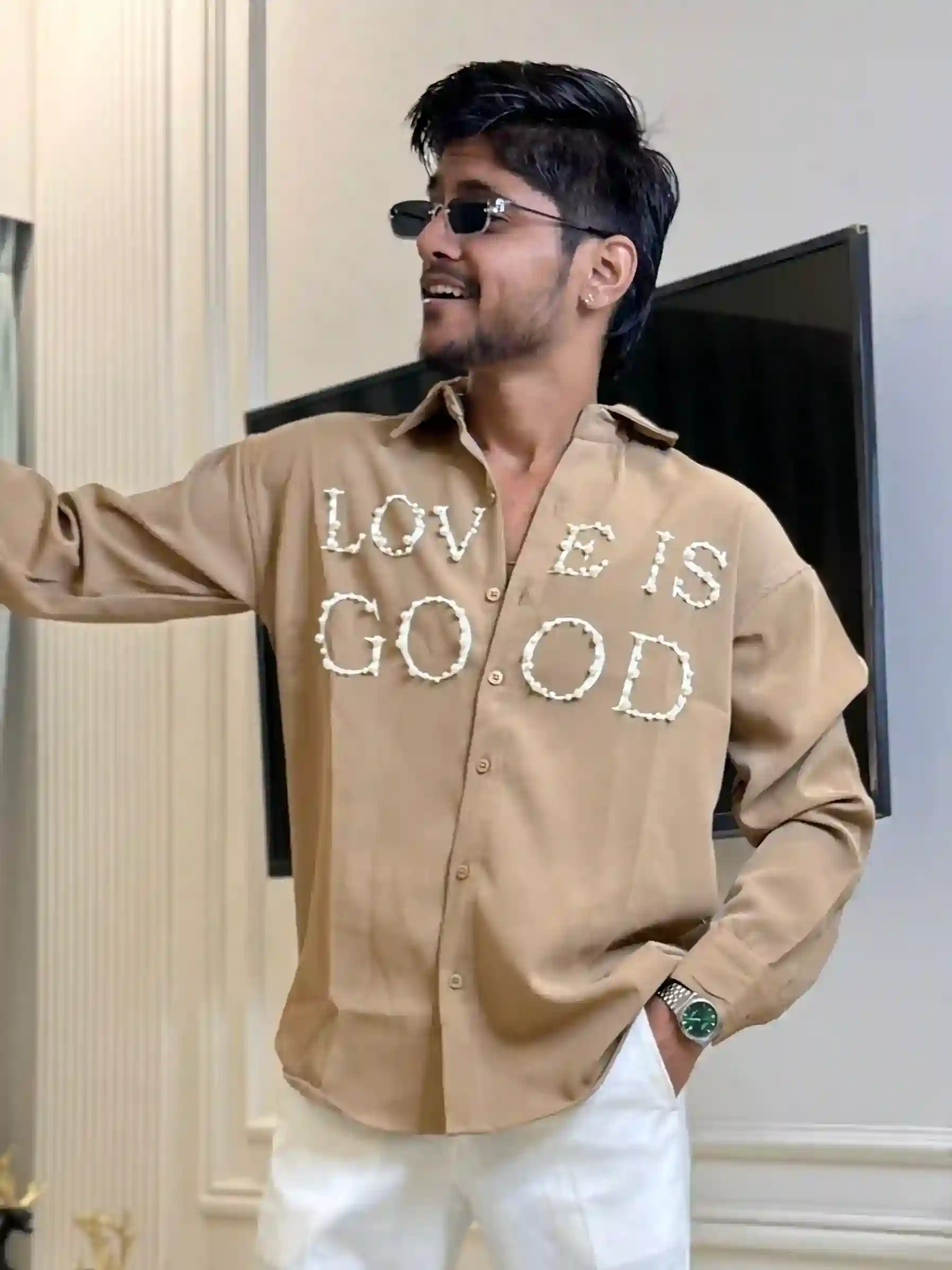 Tan-Brown Love Pearl-work Premium Shirt