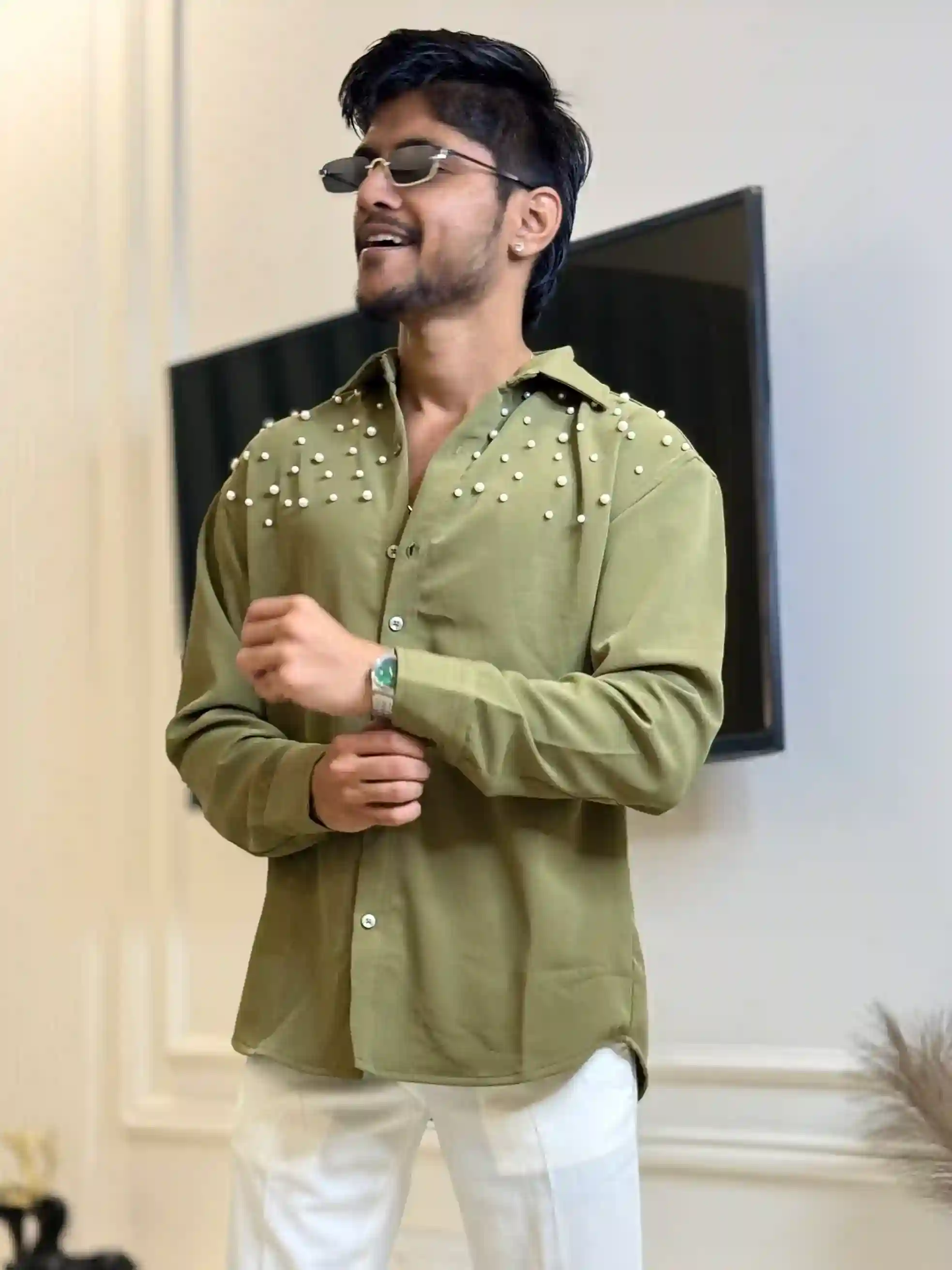 Soft Olive Luxe Pearl Drop Shirt