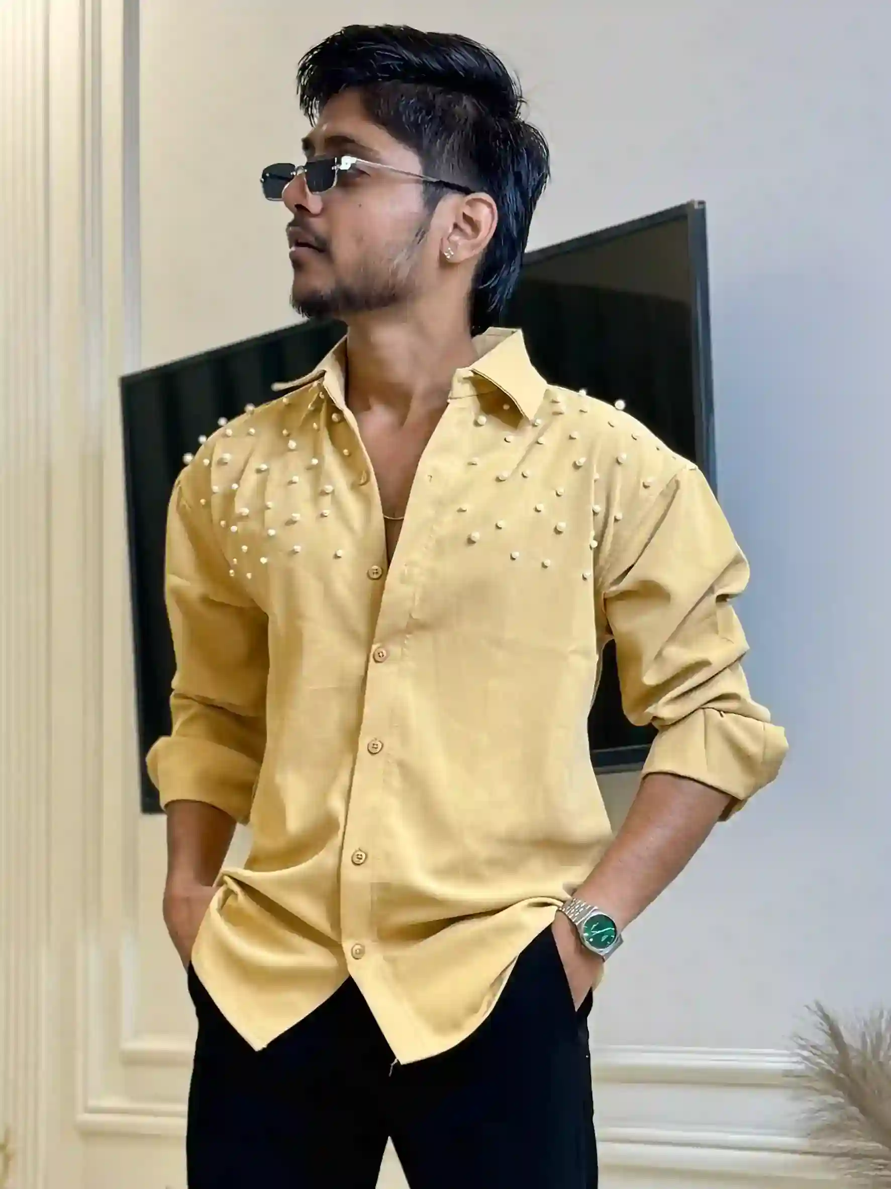 Mustard Yellow Luxe Pearl Drop Shirt