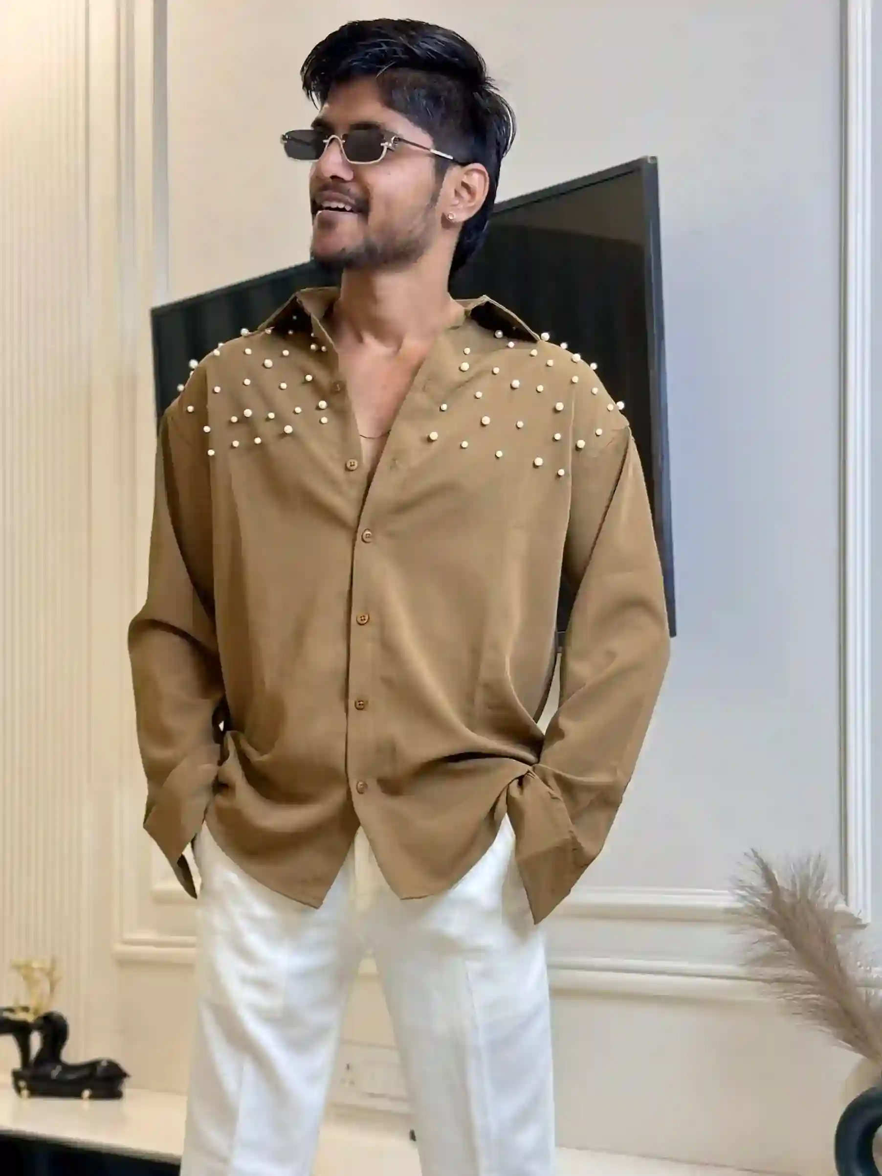 Cocoa Brown Luxe Pearl Drop Shirt