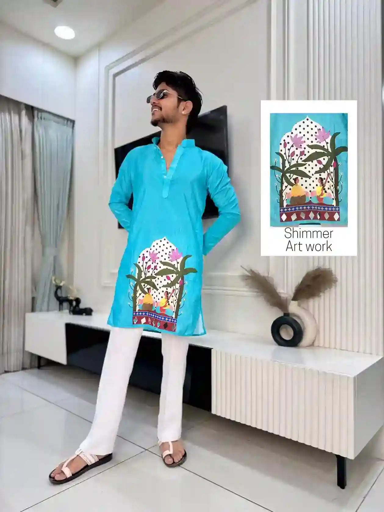 Sky Blue Folk Art Print Kurta
