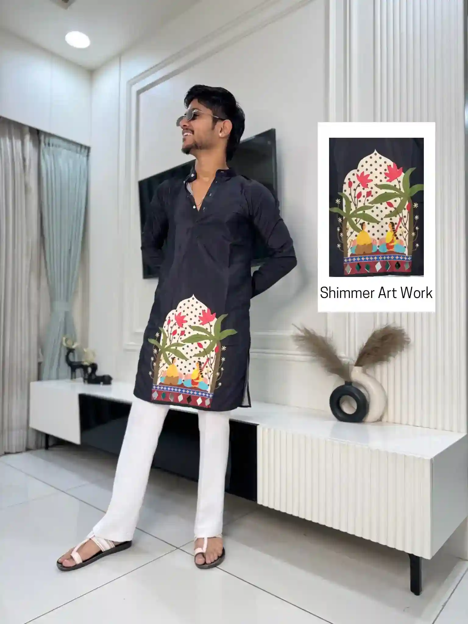 Royal Black Folk Art Print Kurta
