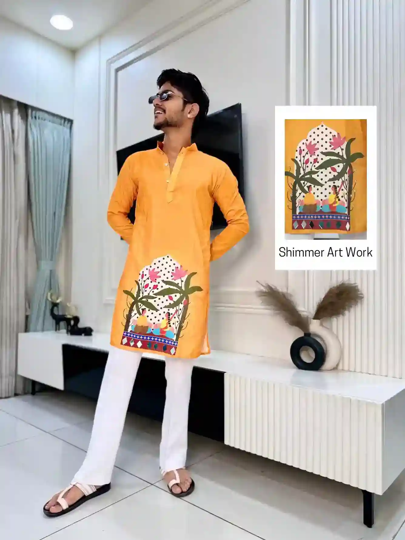 Mild Mustard Folk Art Print Kurta