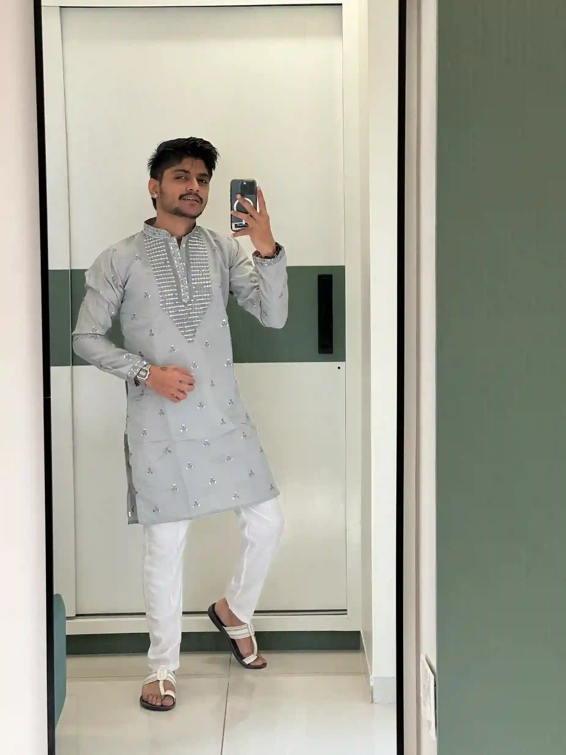 Grey Color Neck Sequin work Kurta