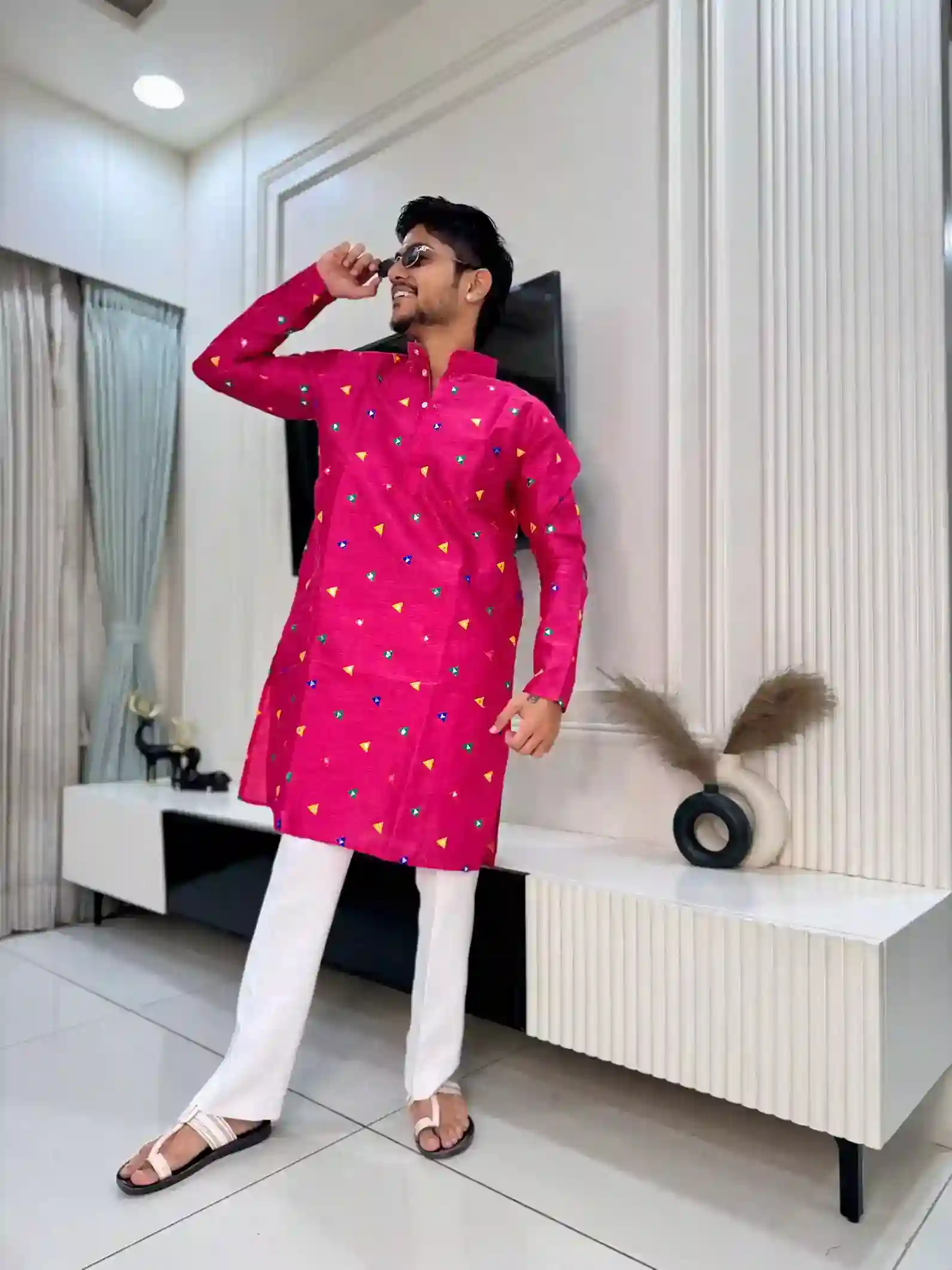 Royal Pink Triangle Work Kurta