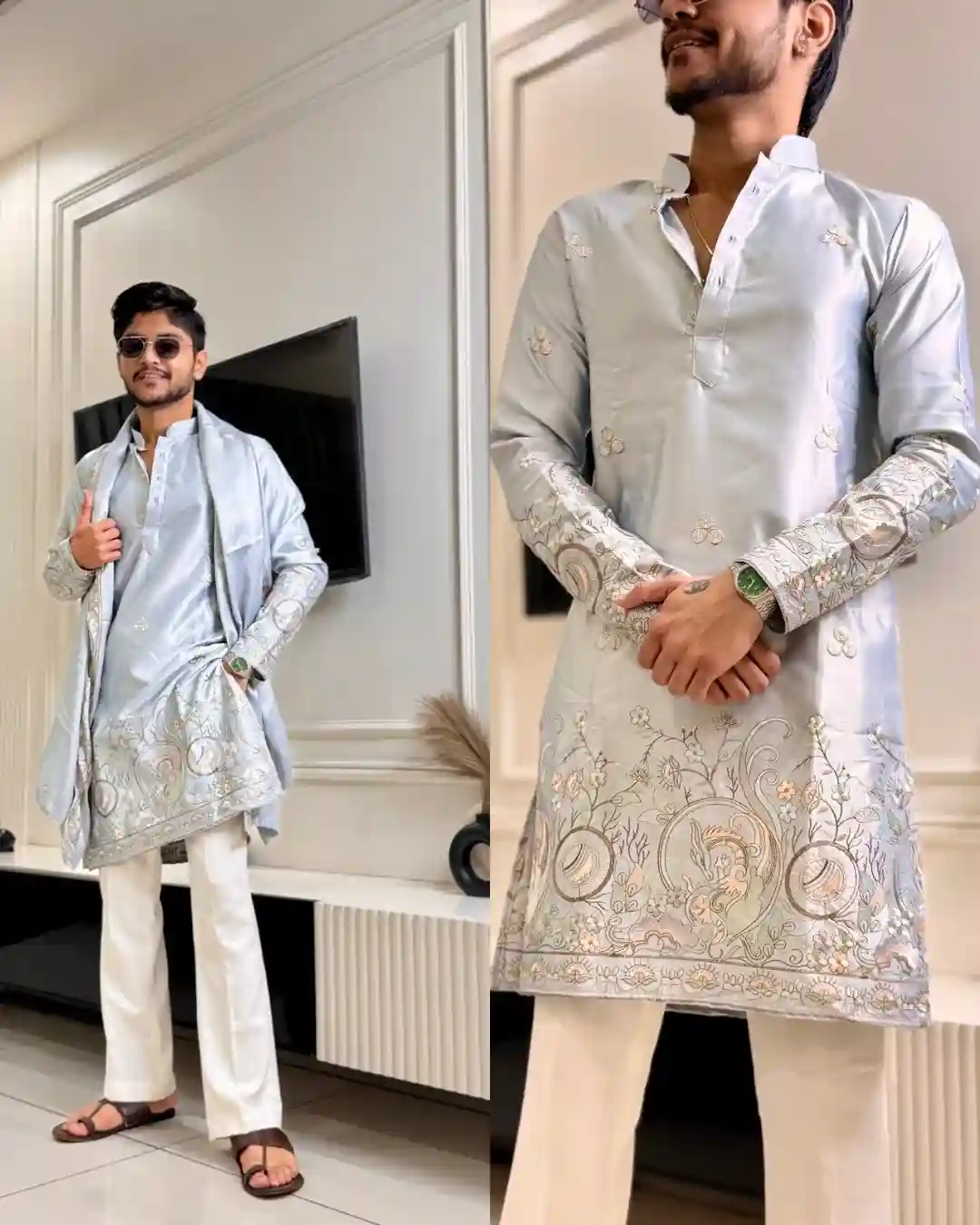 Greece Grey Sheen Fusion Embroidered Kurta with Dupatta