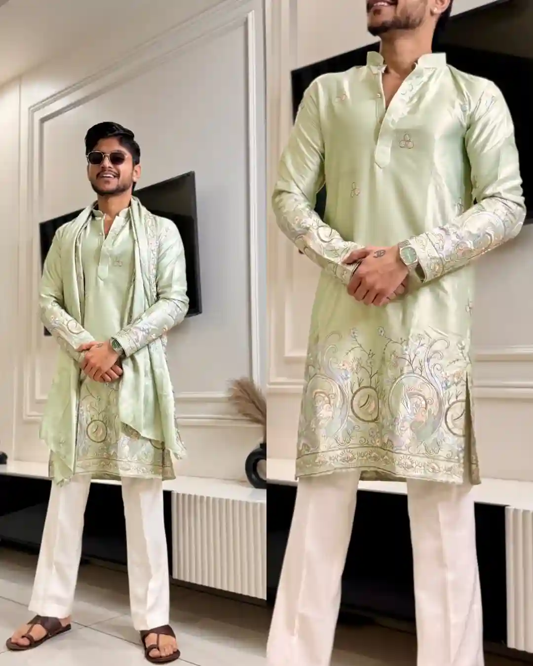 Pistachio Green Sheen Fusion Embroidered Kurta with Dupatta