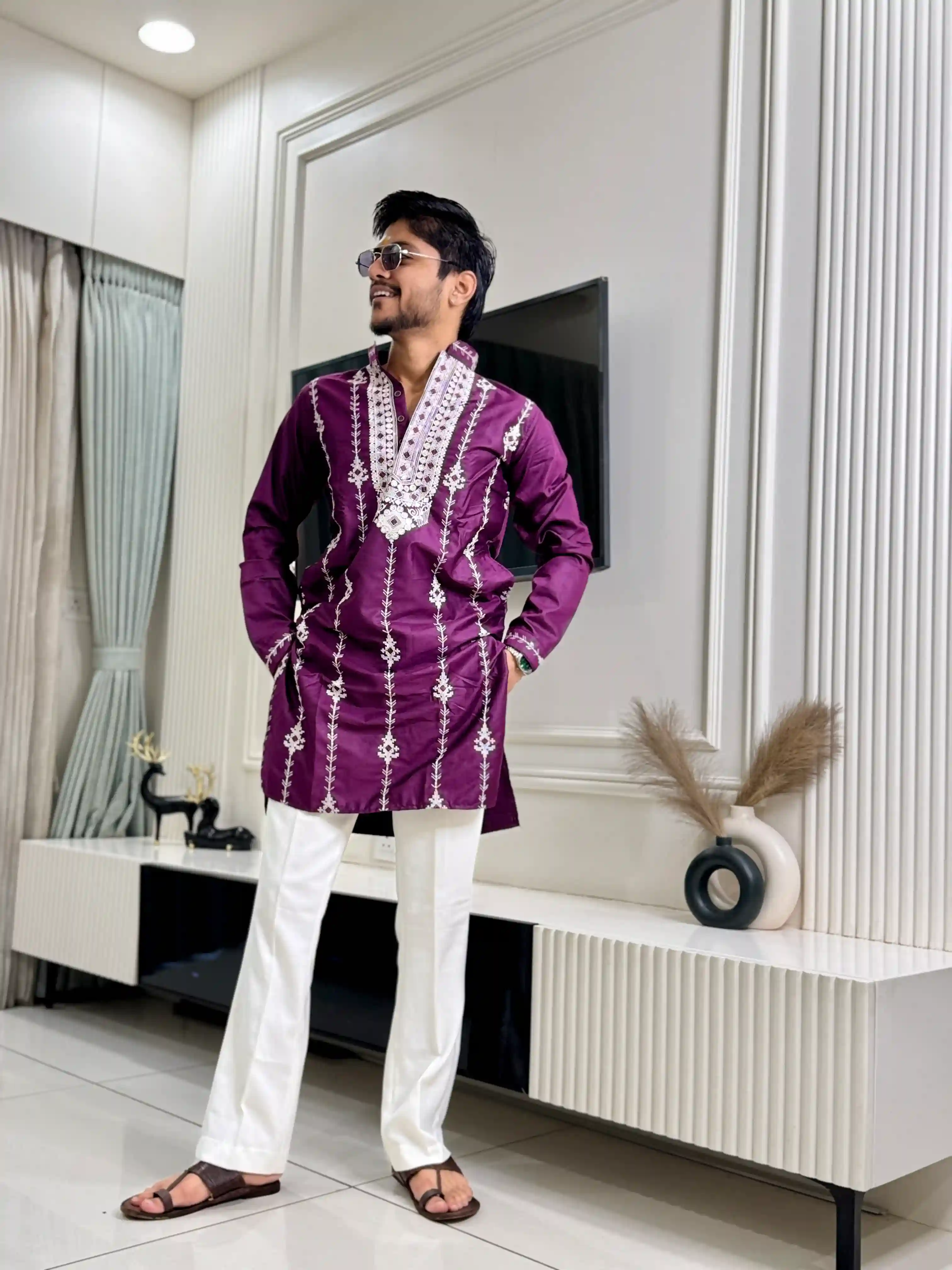 Plum wine Embroidered Art Kurta