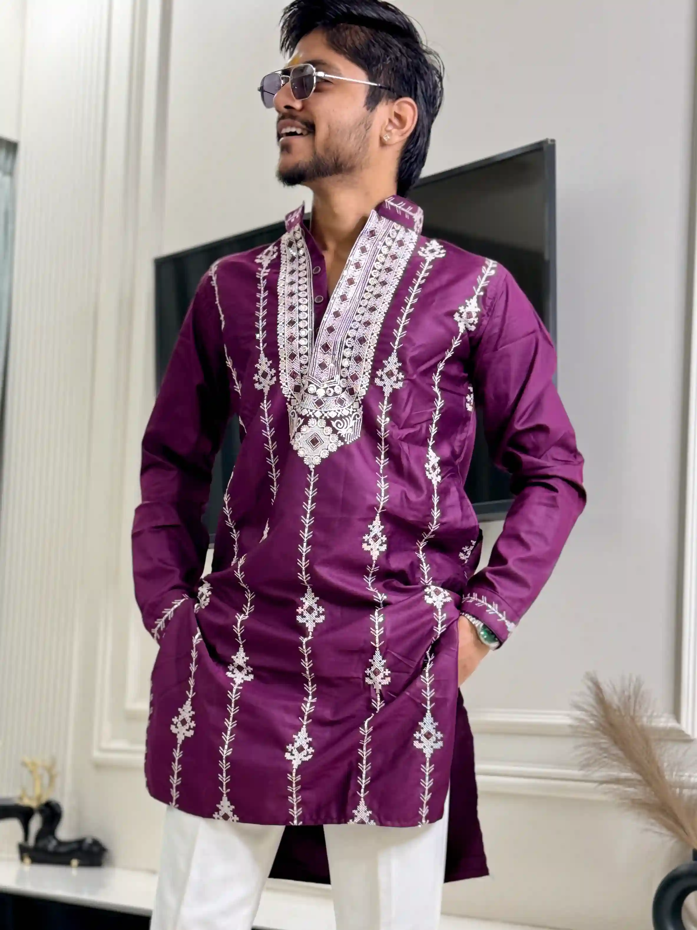 Plum wine Embroidered Art Kurta