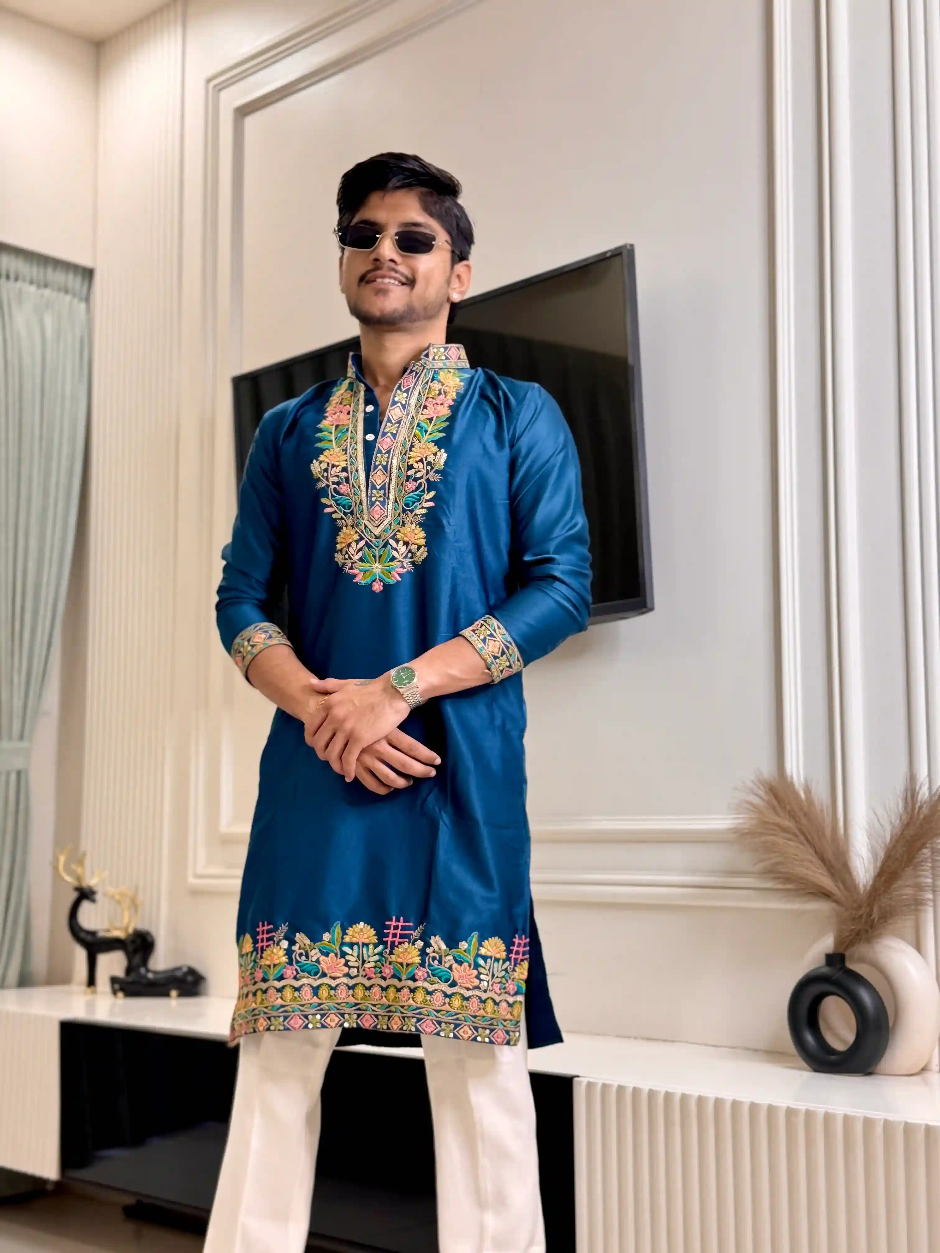 Royal Blue Satin Embroidered Kurta with Dupatta